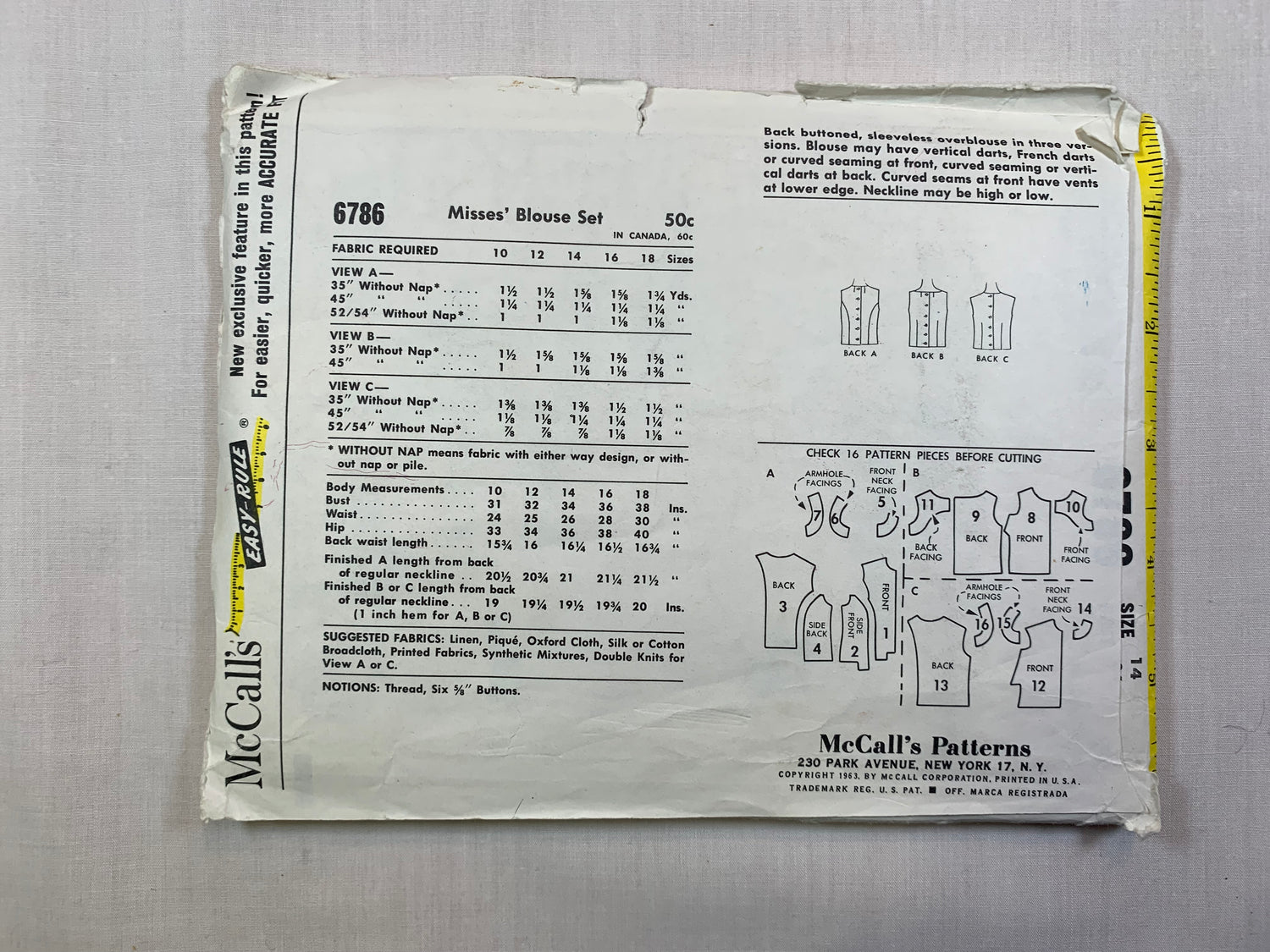 McCall's 6786 Misses' Blouse, Size 14, Cut, Vintage 1963