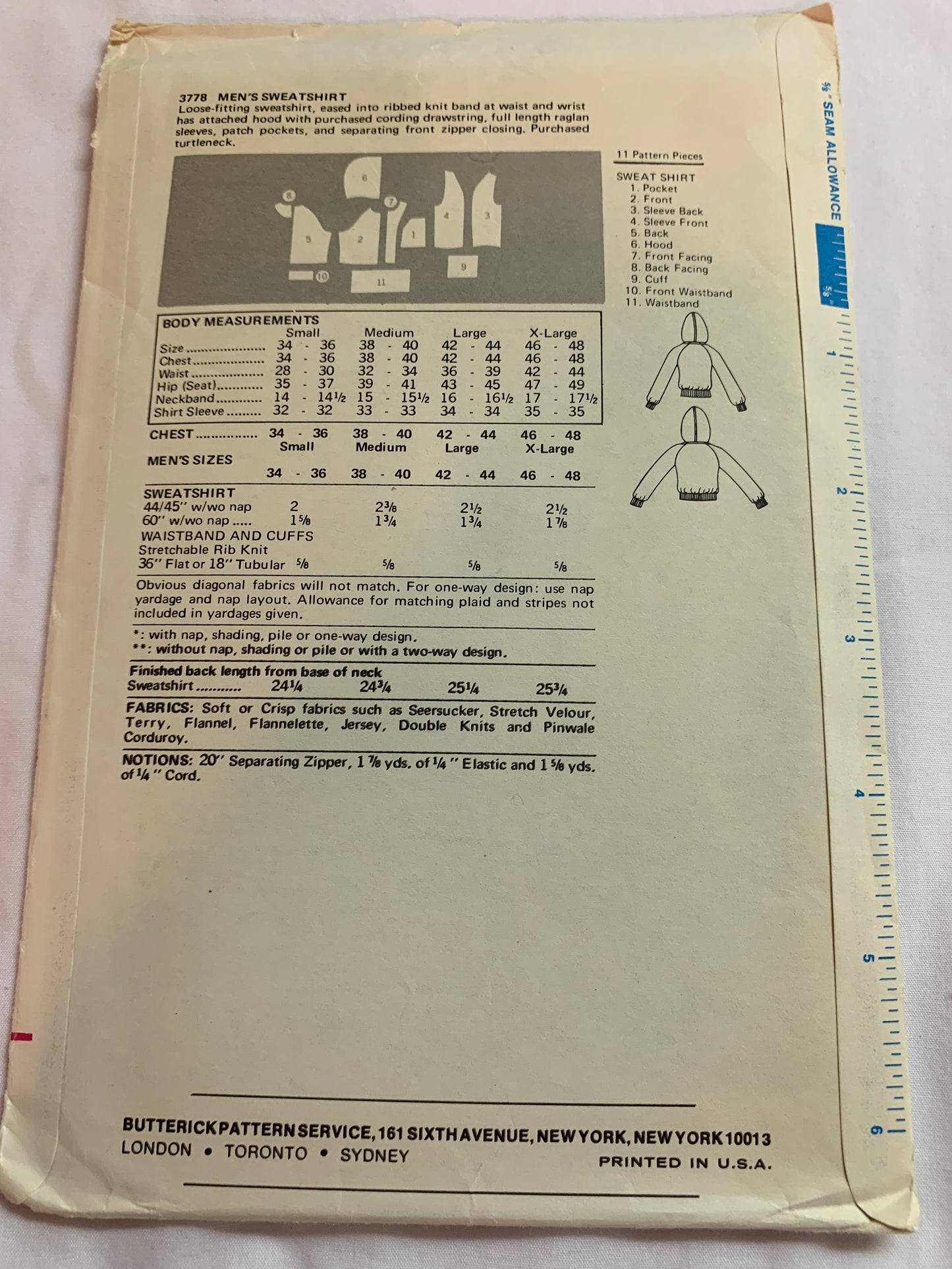Butterick Sewing Pattern 3778 Misses'/Men's Unisex Sweatshirt, Long Sleeves, Loose-Fitting, Pockets, Zipper Front, Size 38-40, Cut, Vintage 1989
