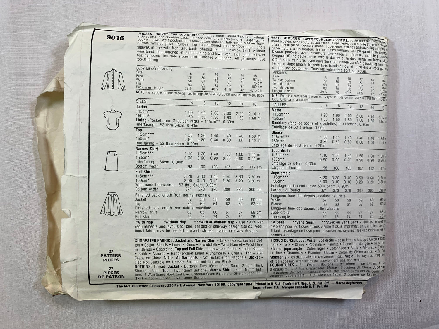 McCall's 9016 Misses' Jacket, Top, Skirt, Size 10, Cut, Vintage 1984