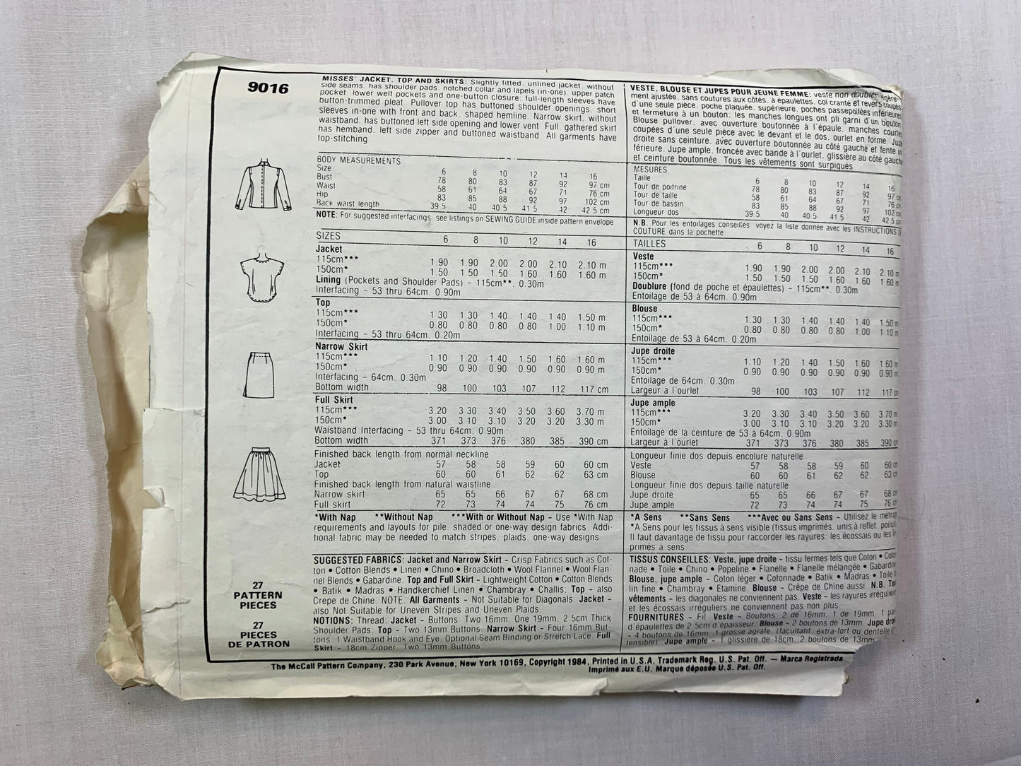 McCall's 9016 Misses' Jacket, Top, Skirt, Size 10, Cut, Vintage 1984