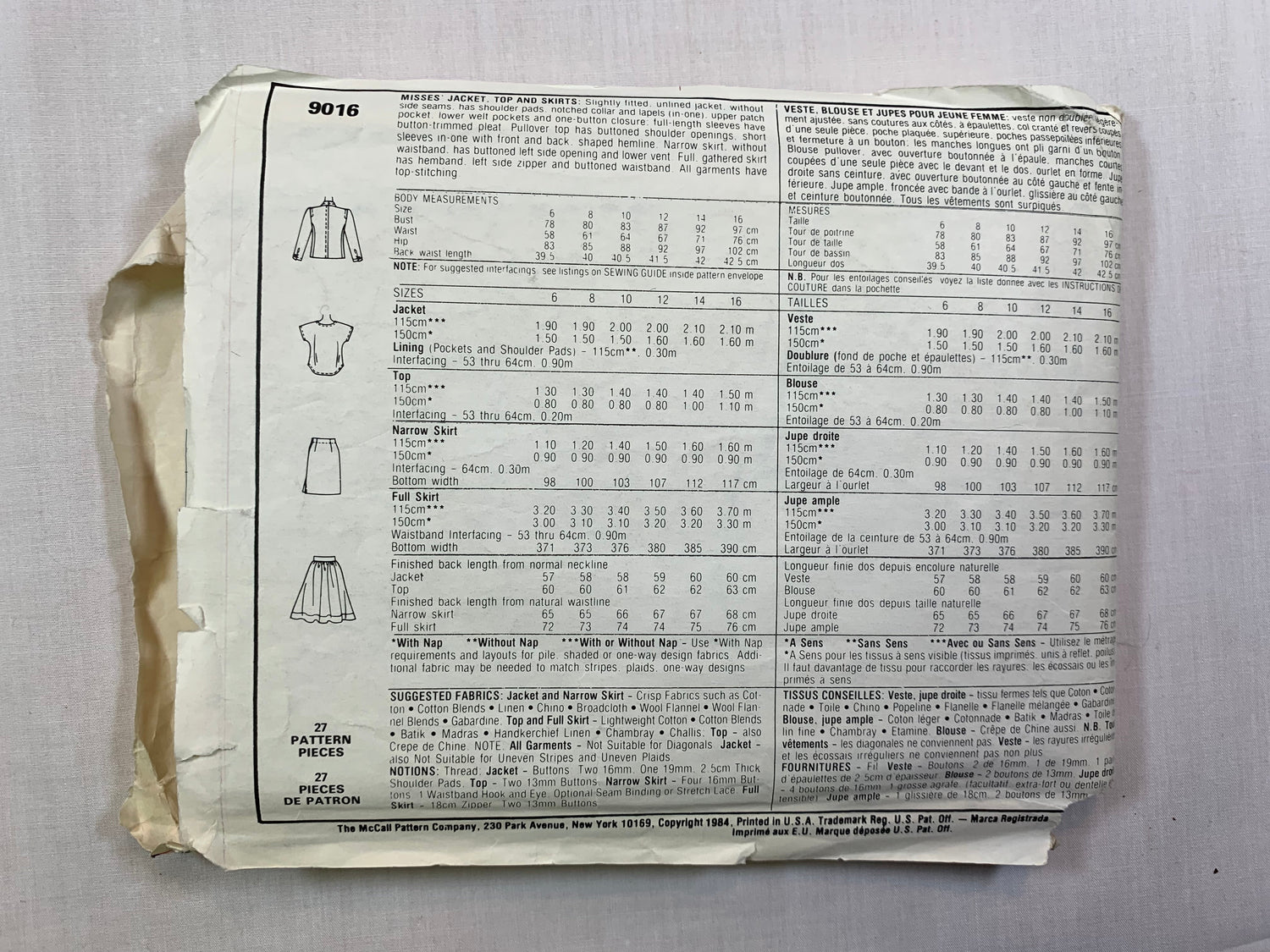 McCall's 9016 Misses' Jacket, Top, Skirt, Size 10, Cut, Vintage 1984
