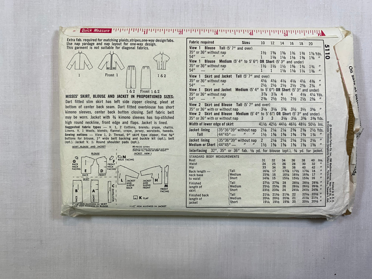 Simplicity 5110 Misses' Jacket, Blouse, Skirt, Size 14, Cut, Vintage 1966
