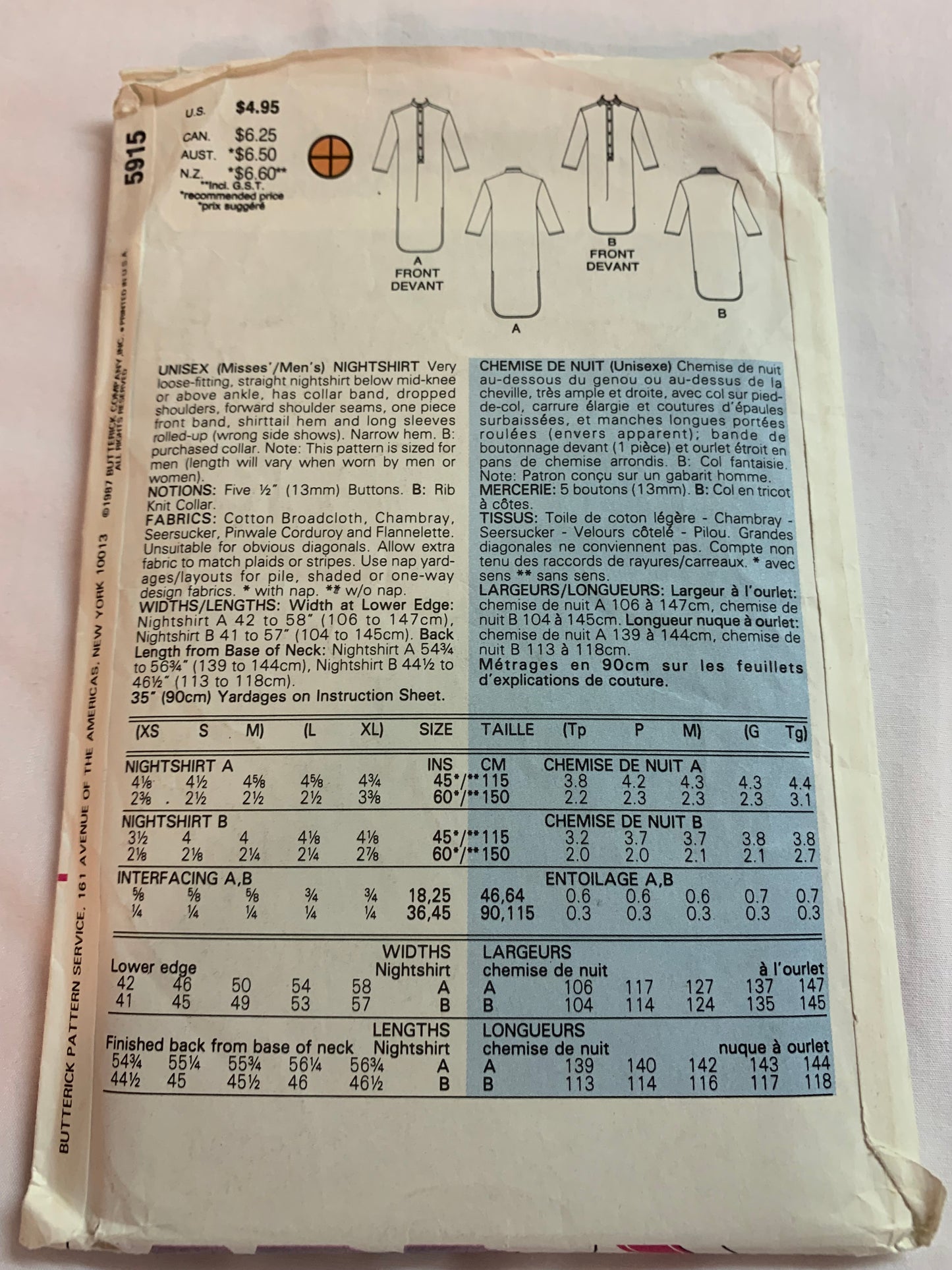 Butterick Sewing Pattern 5915 Misses'/Men's/Unisex Nightshirt, Loose-Fitting, Two Lengths, Collar, Shirttail, Long Sleeves, Size XS-M, Cut, Vintage 1987