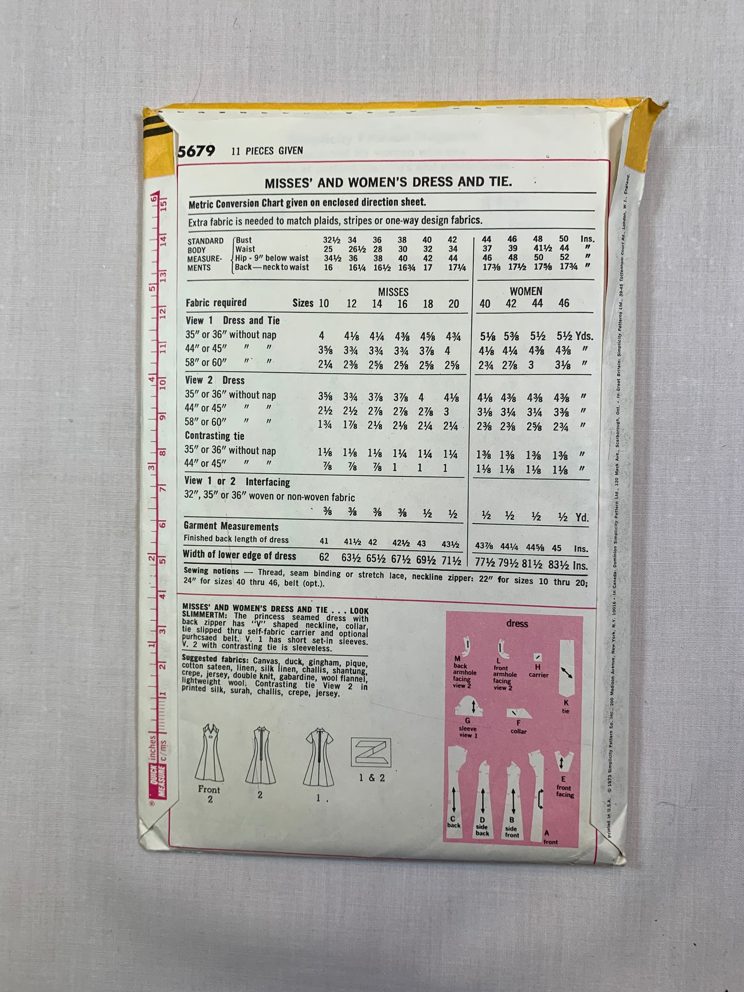 Simplicity 5679 Misses' Dress, Tie, Size 16, Cut, Vintage 1973