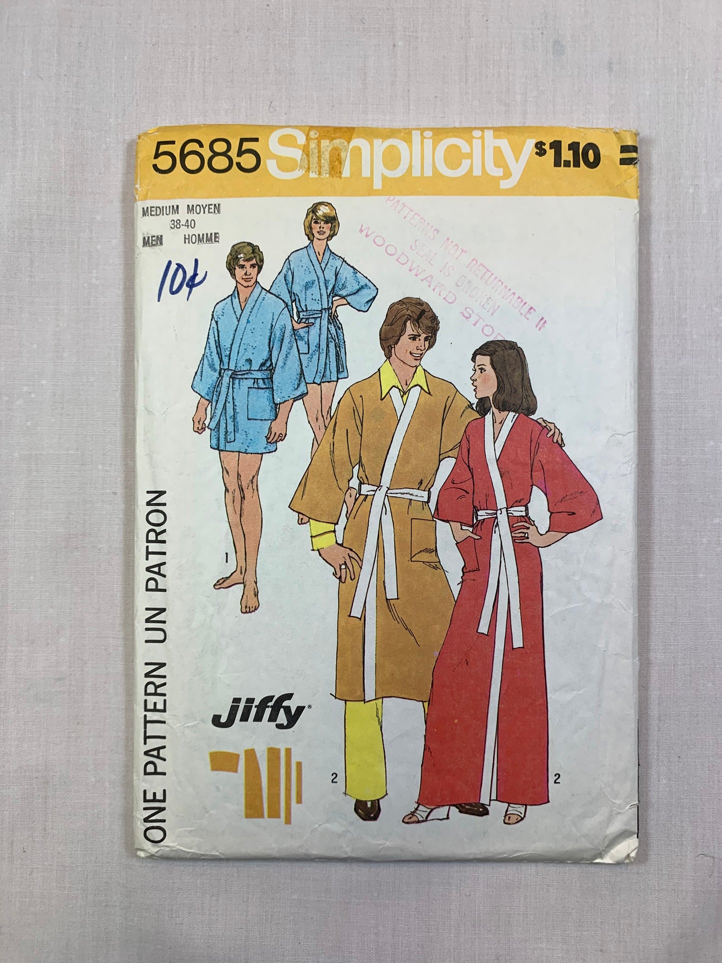 Simplicity Sewing Pattern 5685 Men's/Misses' Kimono Robe, Two Lengths, Pockets, Tie Belt, Wrap, Size 38-40, Cut, Vintage 1973