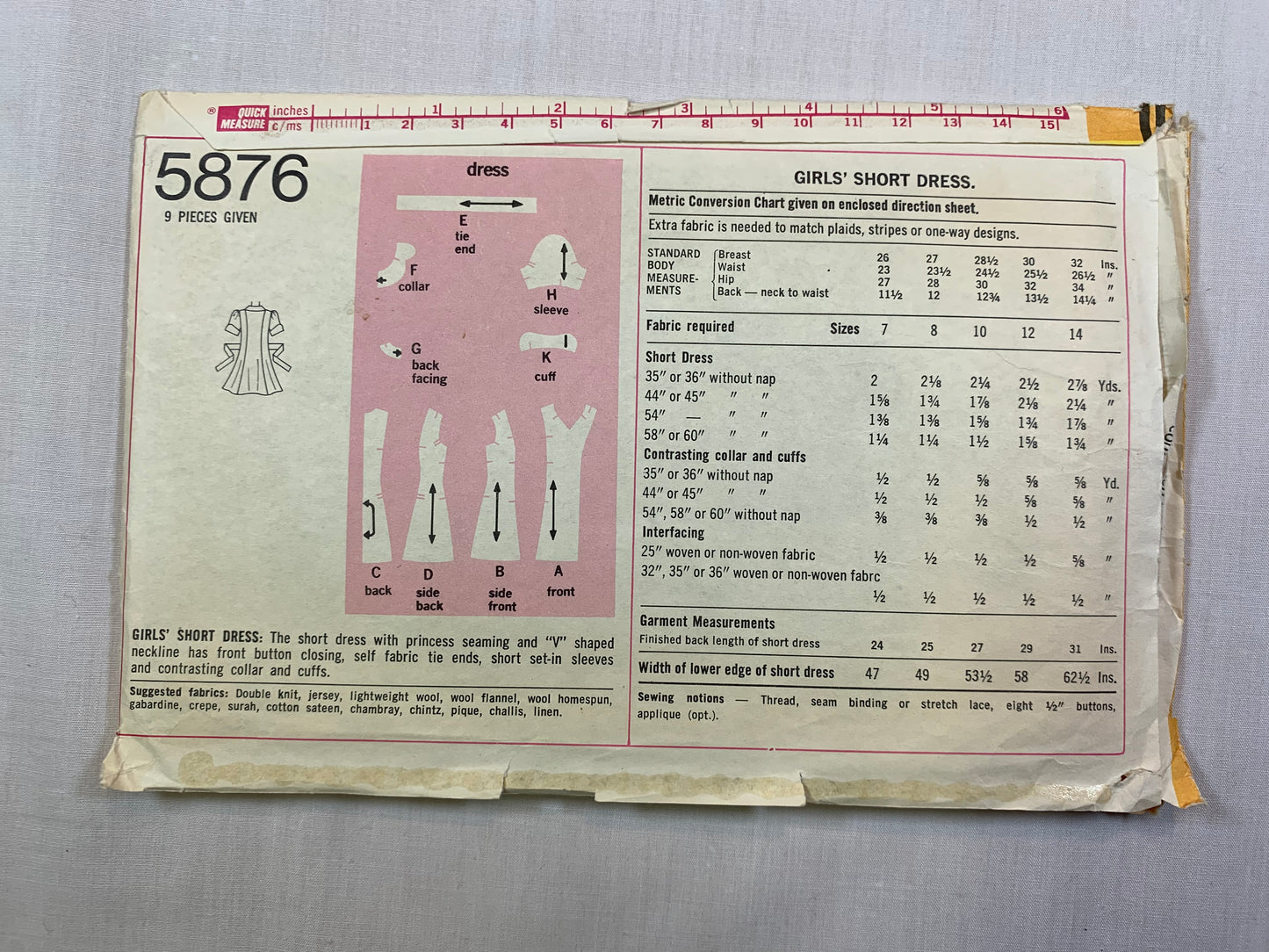 Simplicity 5876 Girls' Dress, Size 7 Cut, Vintage 1973