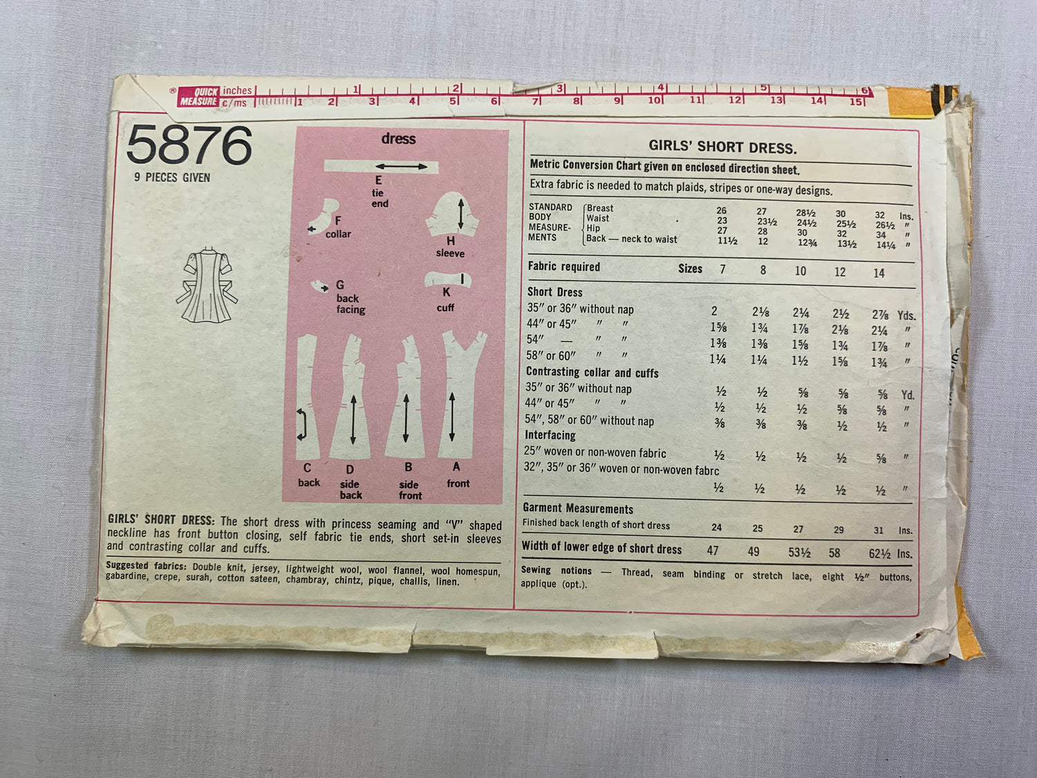 Simplicity 5876 Girls' Dress, Size 7 Cut, Vintage 1973