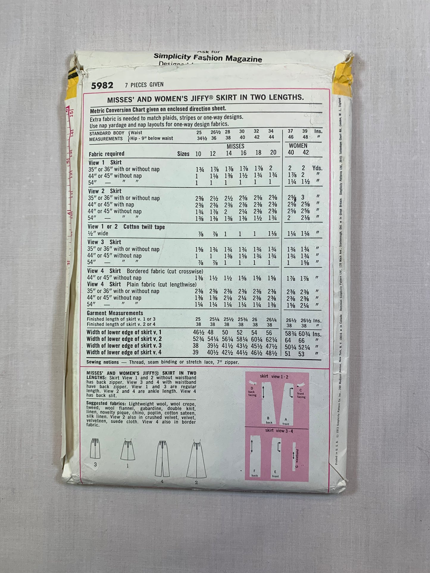 Simplicity 5232 Misses' Skirts, Size 14, Cut, Vintage 1973