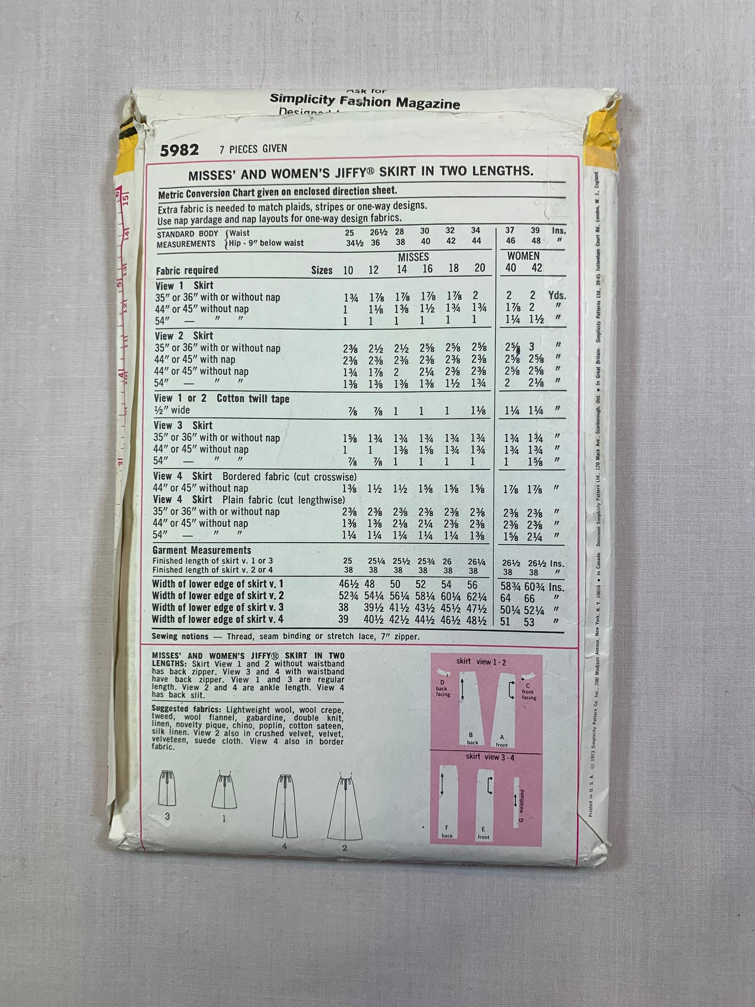 Simplicity 5232 Misses' Skirts, Size 14, Cut, Vintage 1973