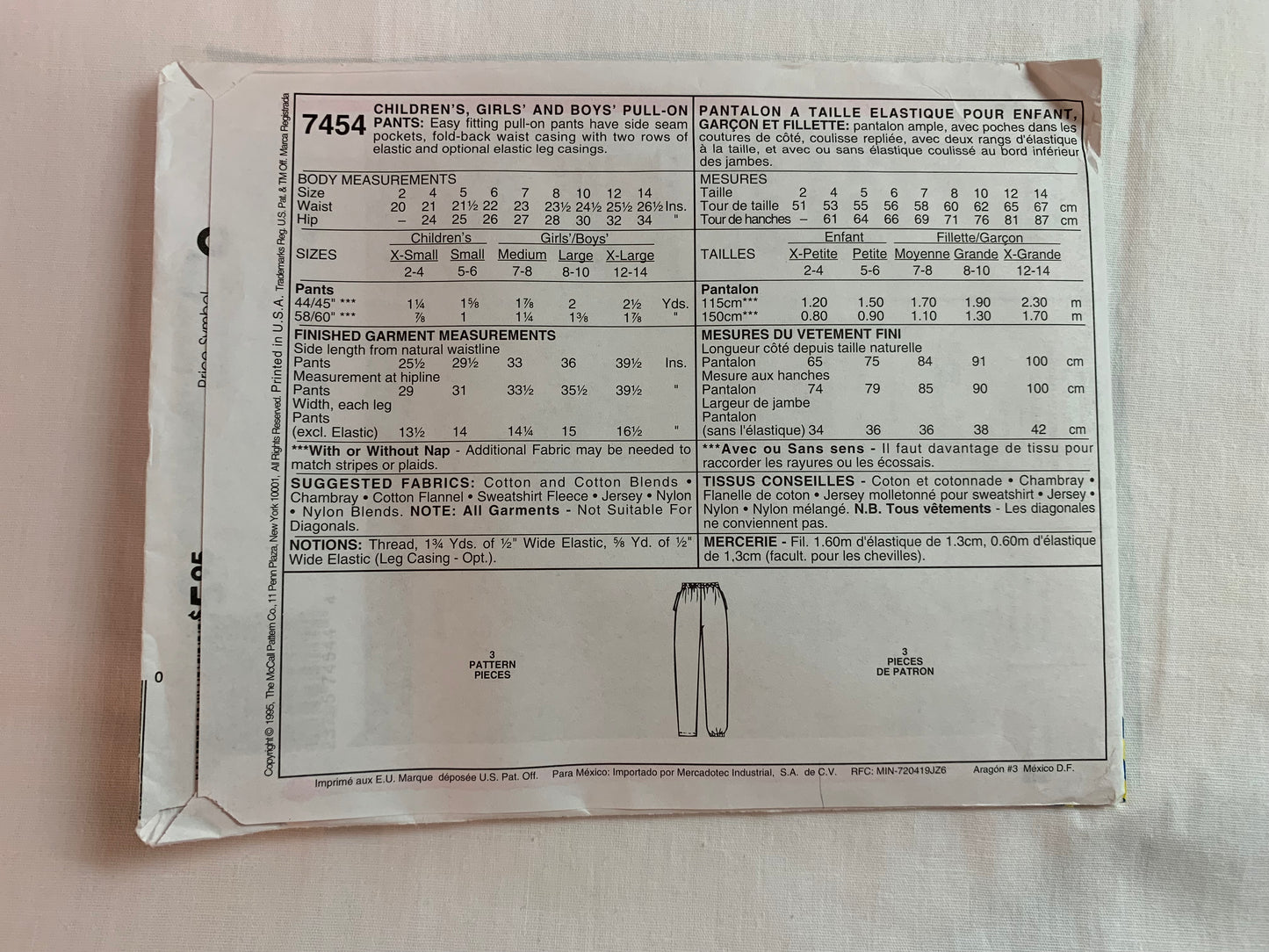 McCall's Sewing Pattern 7454 Boys' Pants, Pull-On, Elastic Waist, Pockets, Size 8-10 Uncut, Vintage 1995