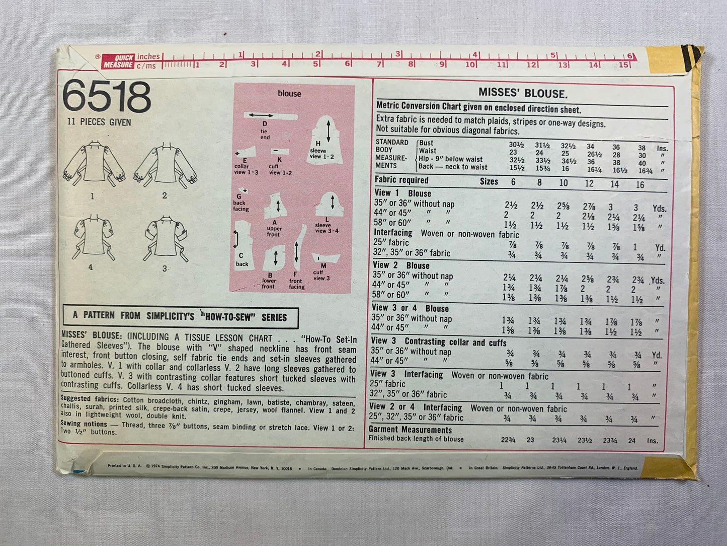 Simplicity 6518 Misses' Blouse, Size 6, Cut, Vintage 1974