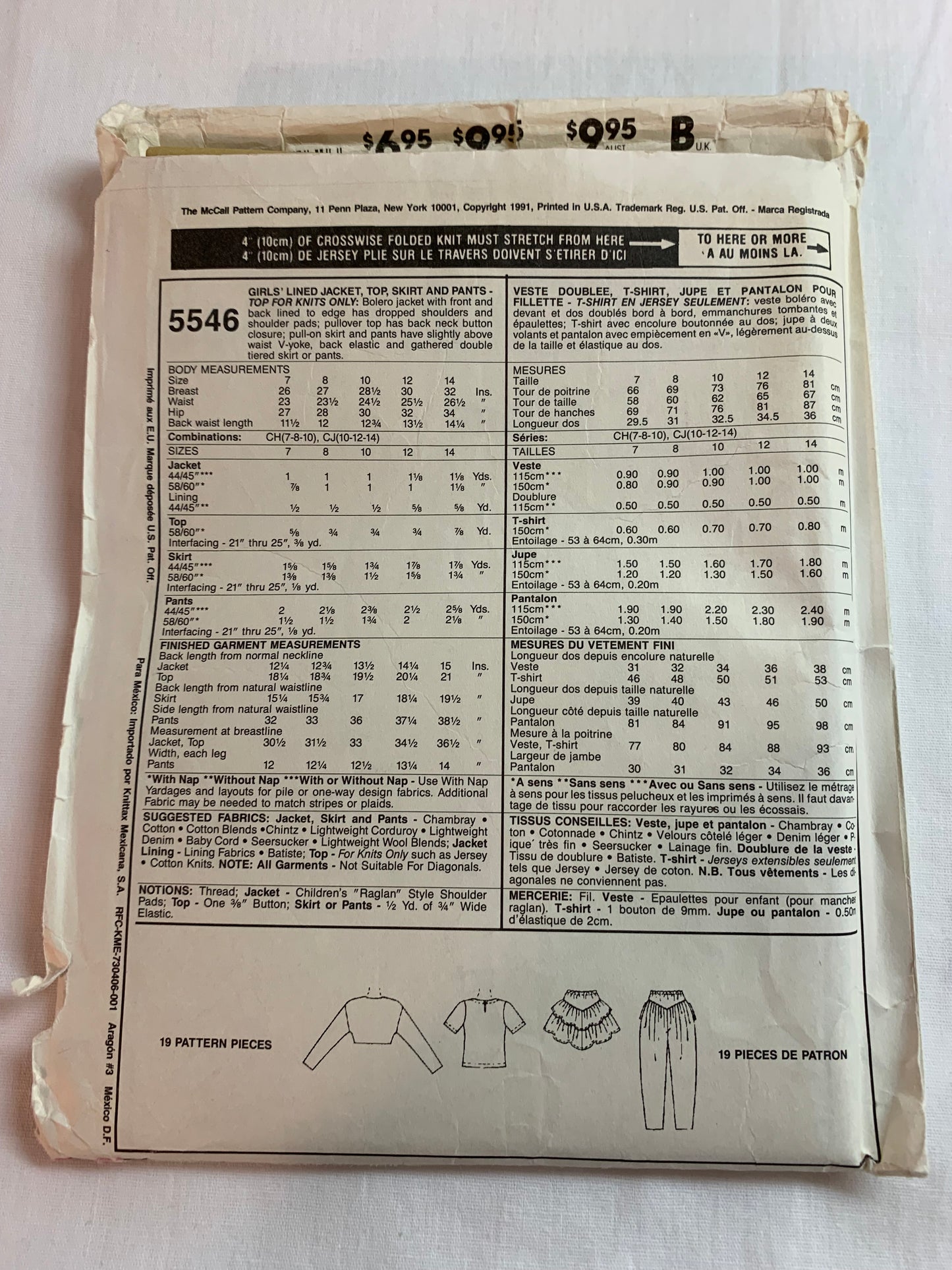 McCall's Sewing Pattern 5546 Girls' Lined Jacket, Top, Pants, Skirt, Pants, Knits Only, Bolero, Shoulder Pads, Elastic Waist, Size 10-14, Cut, Vintage 1991