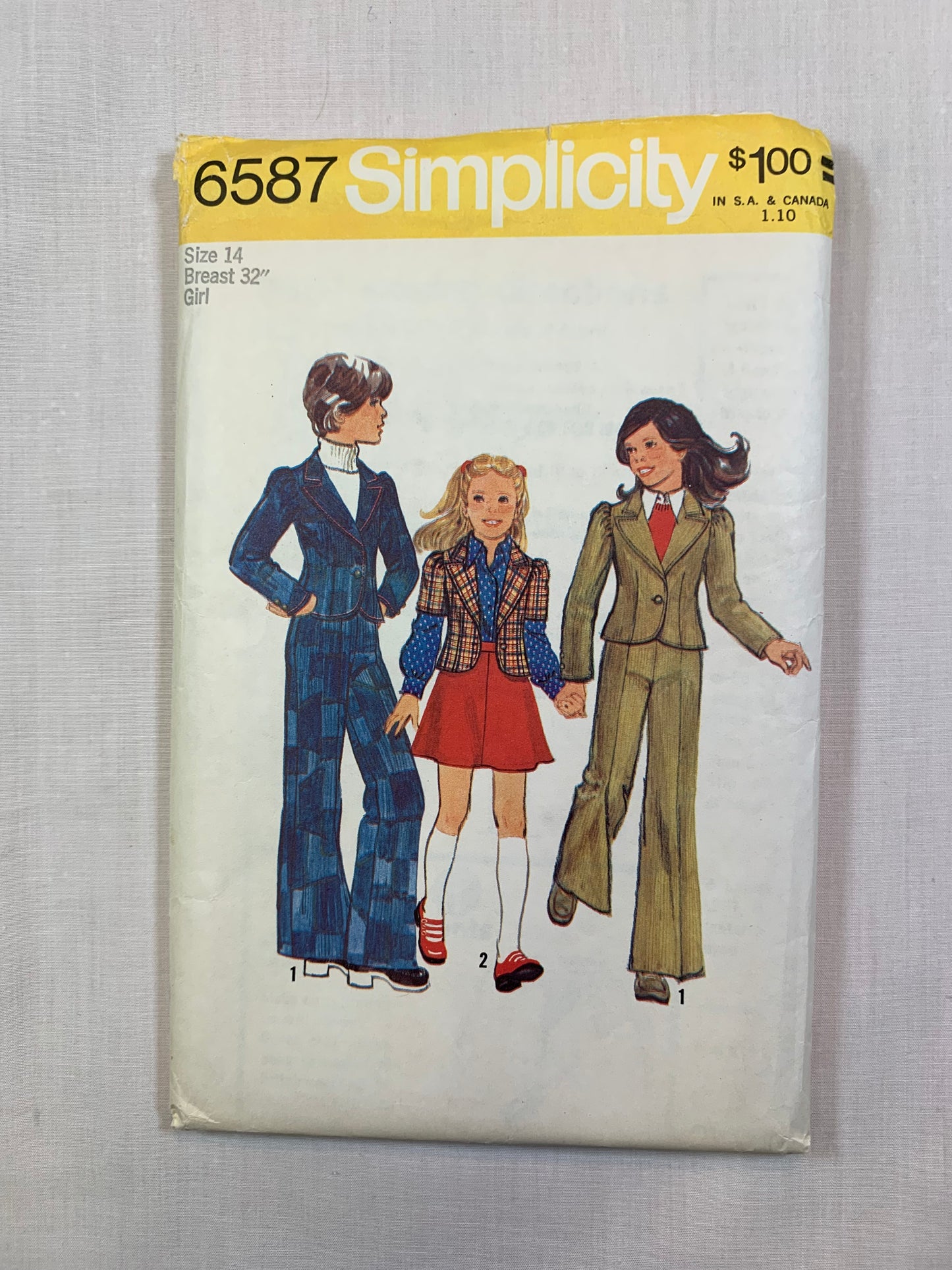Simplicity 6587 Girls' Unlined Jacket, Short Skirt, Wide-Leg Pants, Size 14, Cut, Vintage 1974