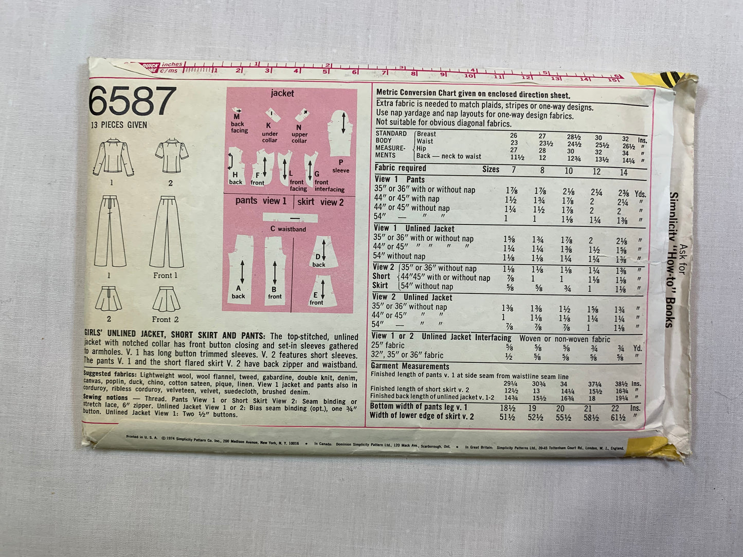 Simplicity 6587 Girls' Unlined Jacket, Short Skirt, Wide-Leg Pants, Size 14, Cut, Vintage 1974