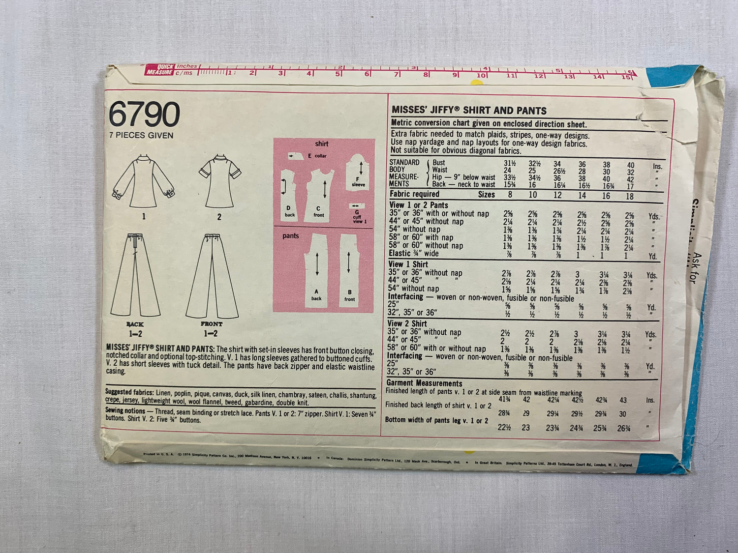 Simplicity 6790 Jiffy Misses' Shirt, Pants, Size 16, Cut, Vintage 1974