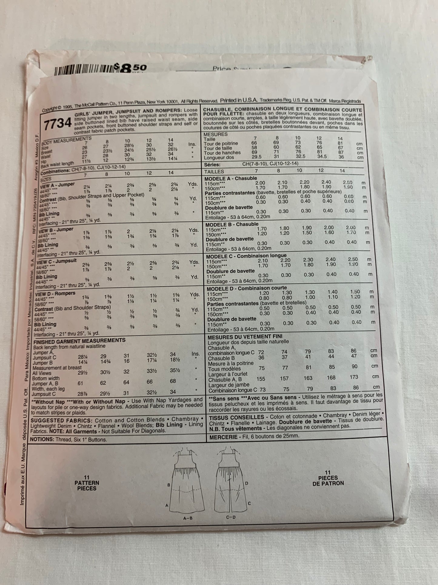 McCall's Sewing Pattern 7734 Girls' Jumpsuit, Romper, Loose Fitting, Sleeveless, Two Lenghts, Bib, Shoulder Straps, Size 7-10, Uncut, Vintage 1995