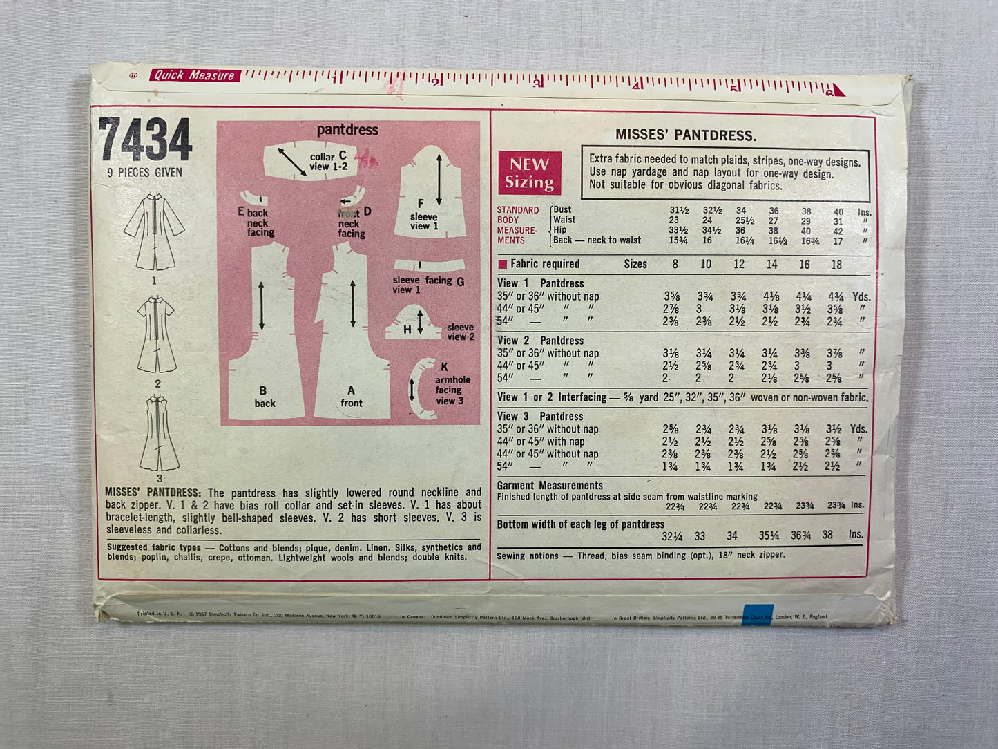 Simplicity 7434 Misses' Pantdress, Size 8, Cut, Vintage 1967