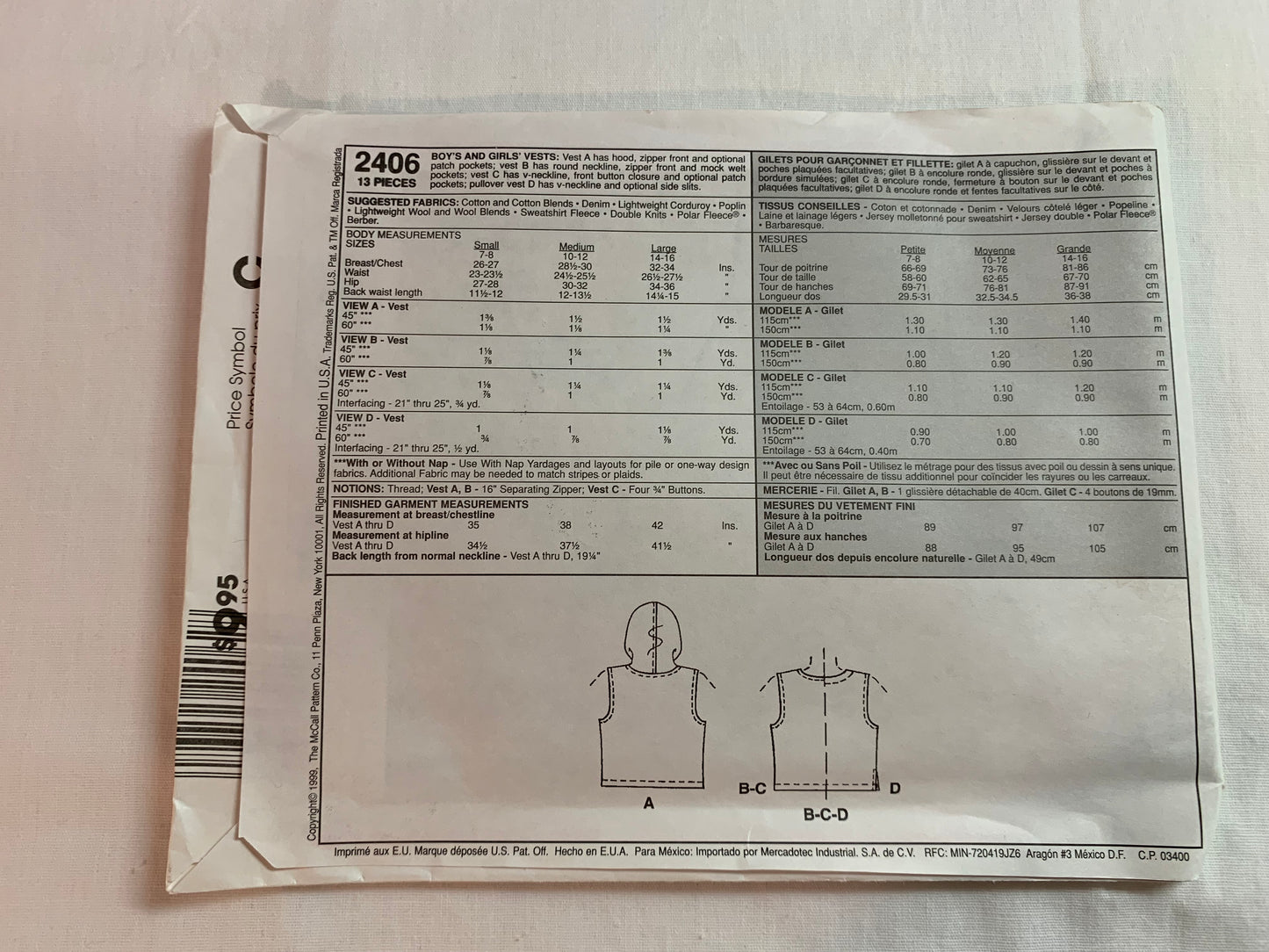 McCall's Sewing Pattern 2406 Girls'/Boys' Vest, Hood, Zipper Front, Pockets, Pullover, Slits, Size 10-12, Uncut, Vintage 1999