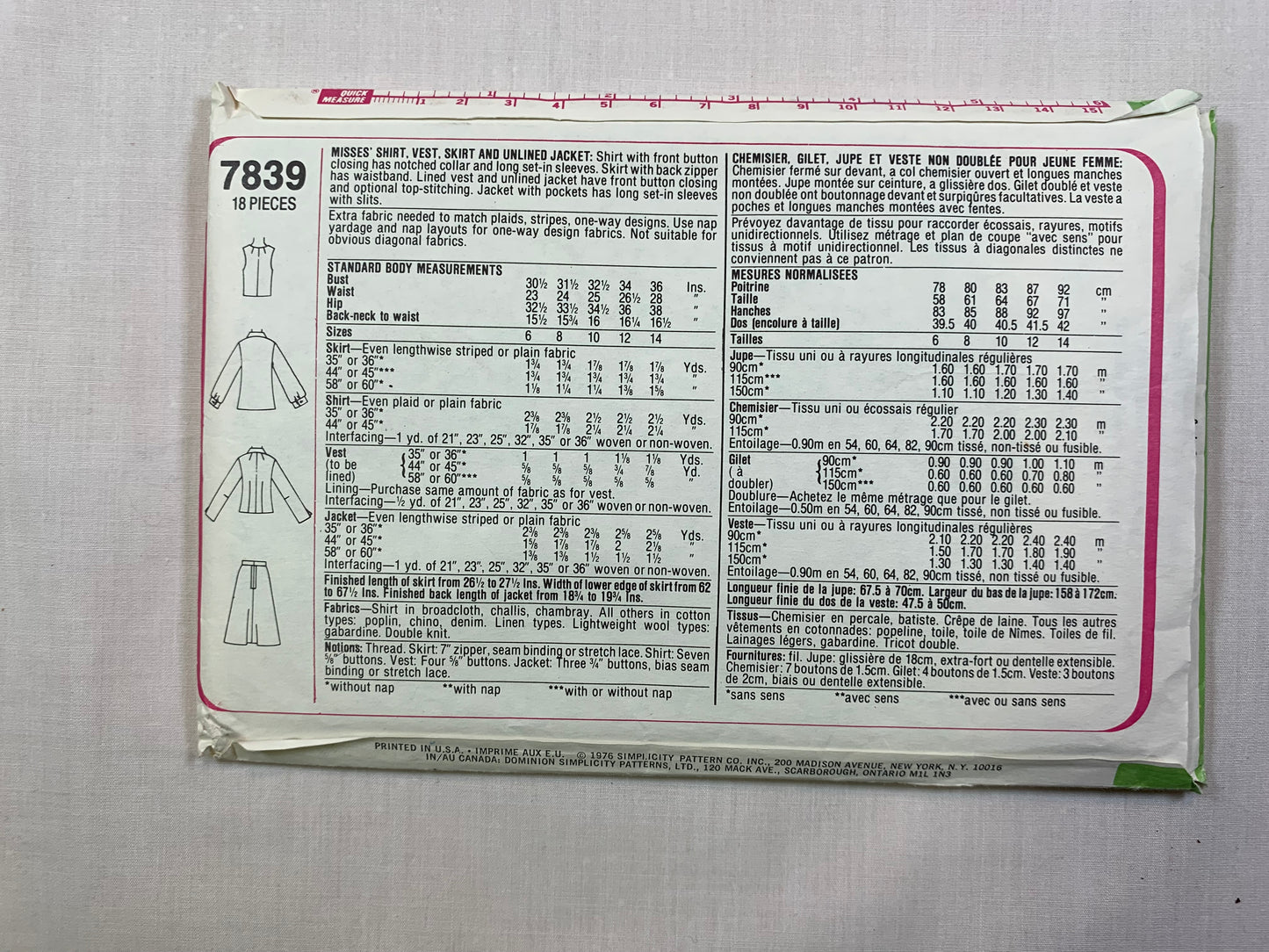 Simplicity 7839 Misses' Shirt, Vest, Skirt, Unlined Jacket, Size 10, Cut, Vintage 1976