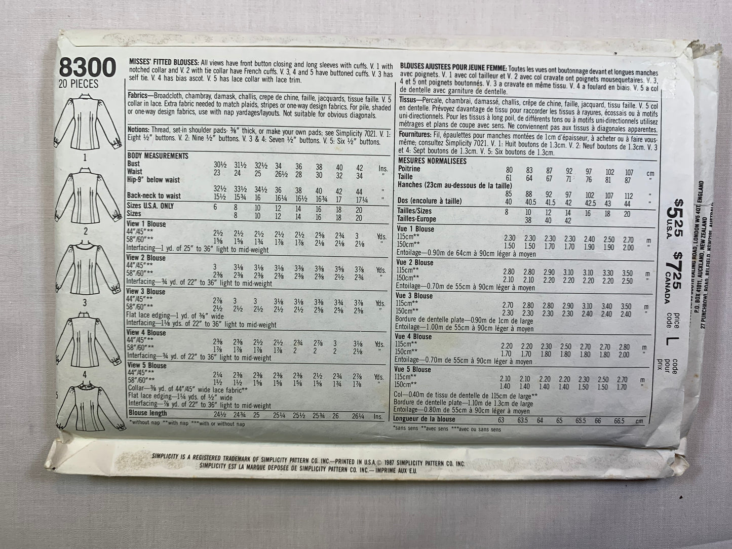 Simplicity 8300 Misses' Blouses, Size 10-14, Uncut, Vintage 1987