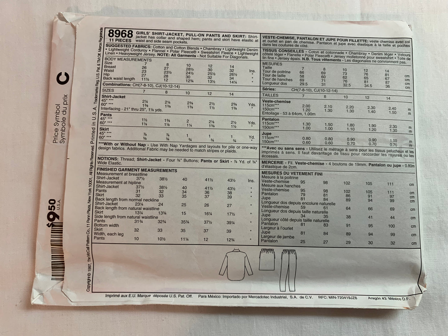 McCall's Sewing Pattern 8968 Girls' Shirt-Jacket, Pants, Skirt, Elastic Waist, Pockets, Size 10-14, Uncut, Vintage 1997