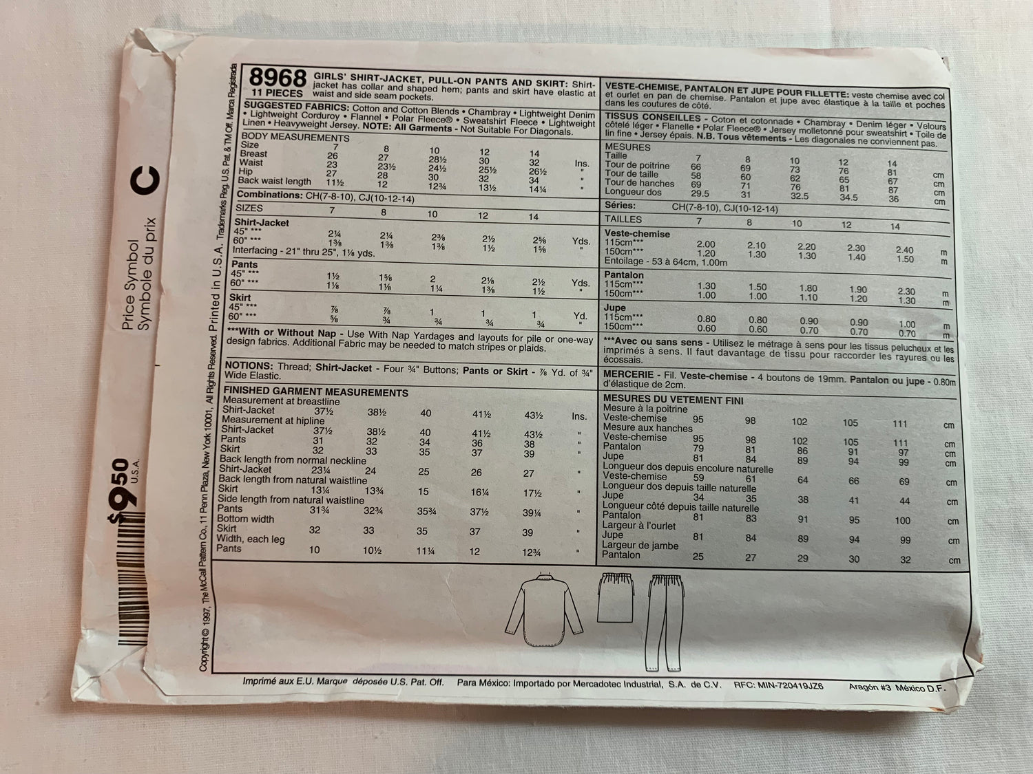 McCall's Sewing Pattern 8968 Girls' Shirt-Jacket, Pants, Skirt, Elastic Waist, Pockets, Size 10-14, Uncut, Vintage 1997