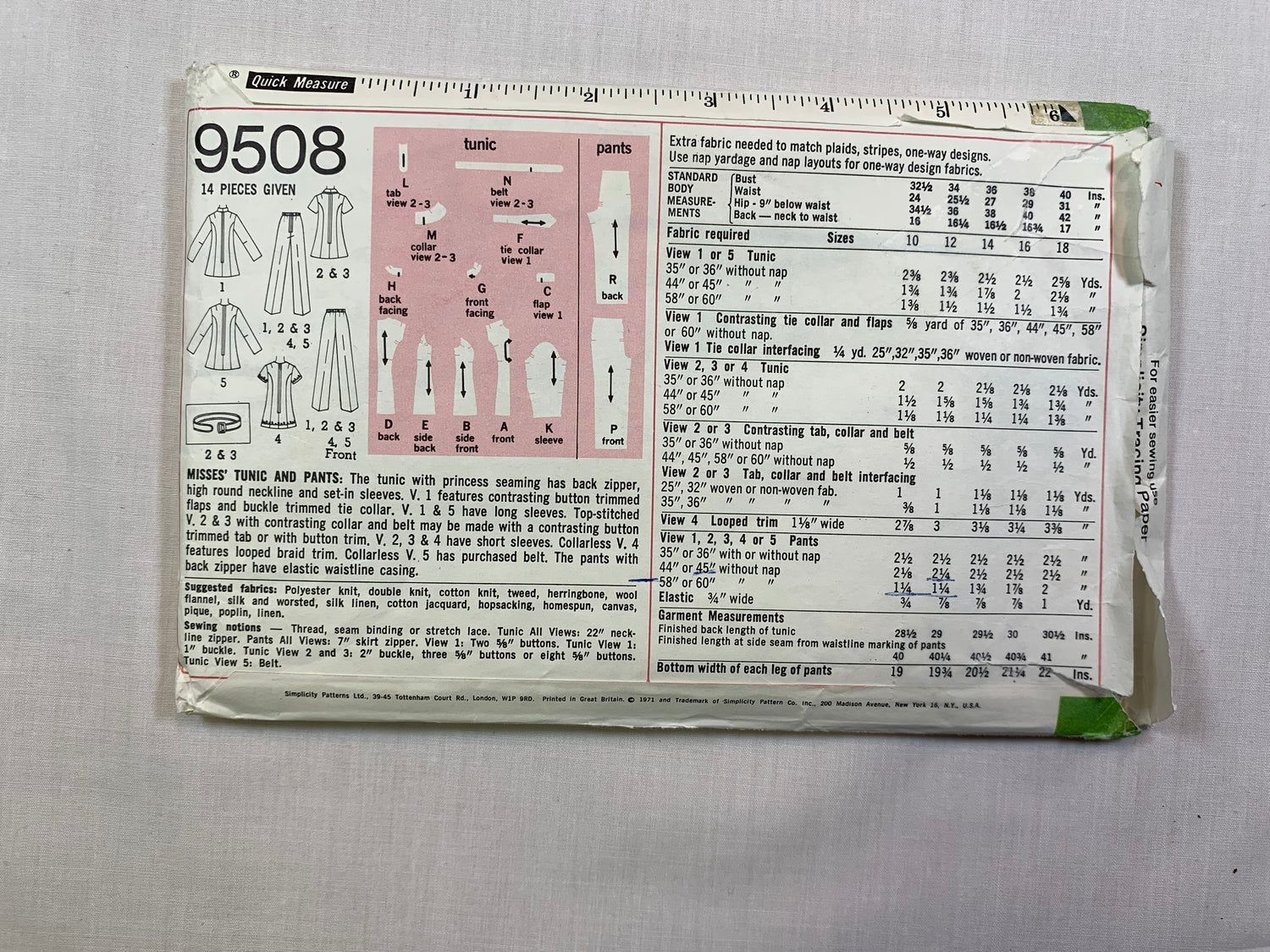 Simplicity 9508 Misses' Tunic, Pants, Size 12, Cut, Vintage 1971