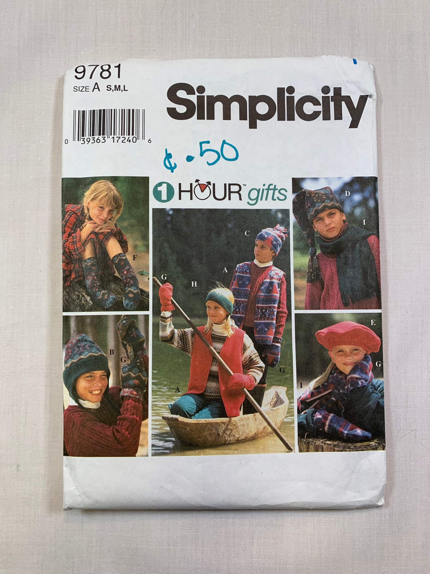 Simplicity Sewing Pattern 9781 Boys' Girls' Hats, Scarf, Boots, Mitts, Vest, Size 4-14, Cut, Vintage 1996