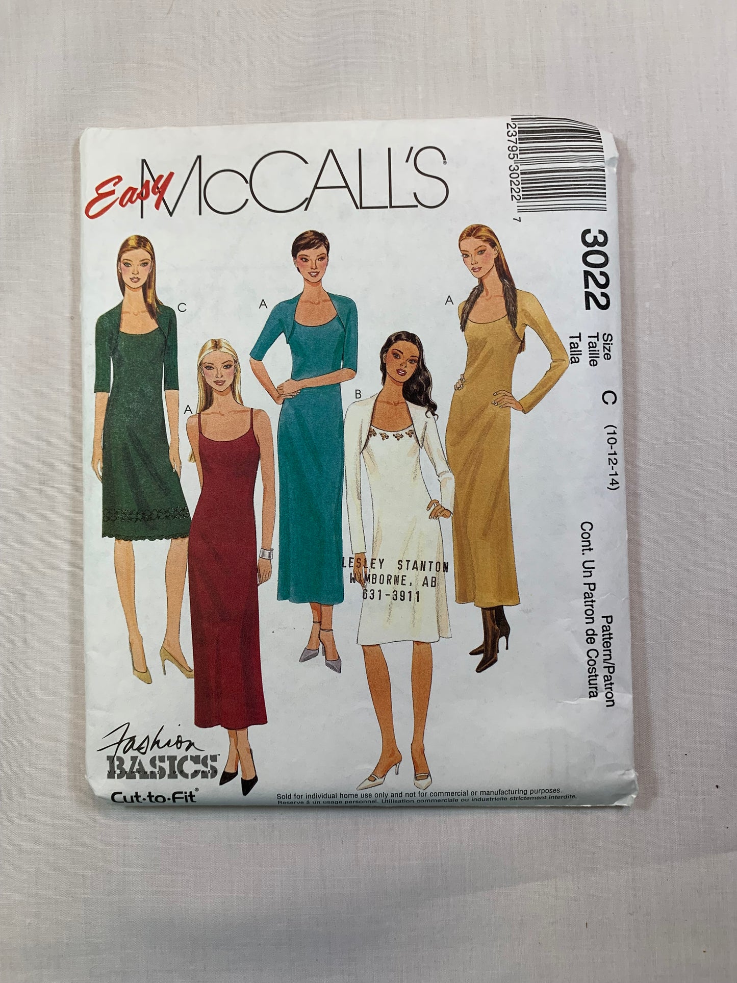 McCall's 3022 Misses'/Miss Petite Dress. Shrug, Size 10-14, Uncut, 2000