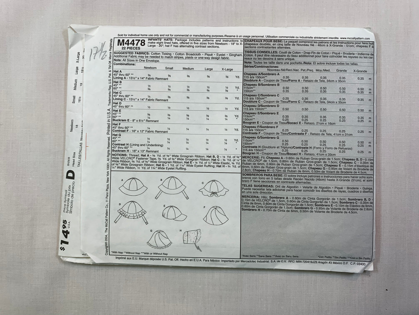 McCall's M4478 Infants' Hats, Size 18"-20" Cut, 2004