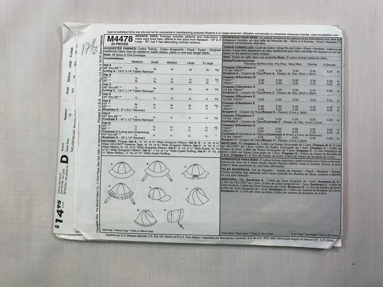 McCall's M4478 Infants' Hats, Size 18"-20" Cut, 2004