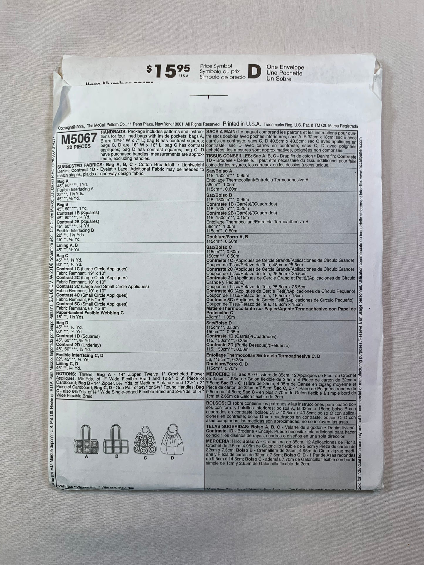 McCall's M5067 Handbags, Uncut, 2006