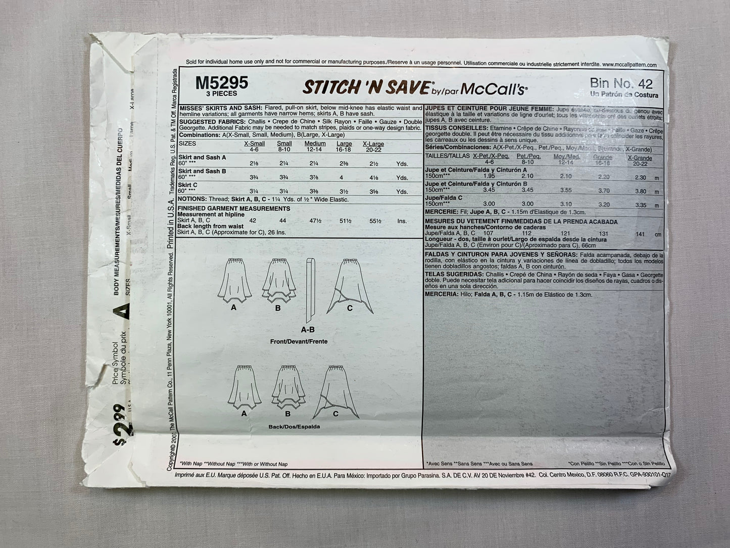 McCall's M5295 Misses' Skirts, Size 16-22, Cut, 2007