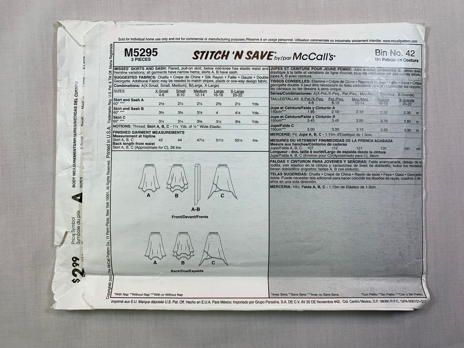 McCall's M5295 Misses' Skirts, Size 16-22, Cut, 2007