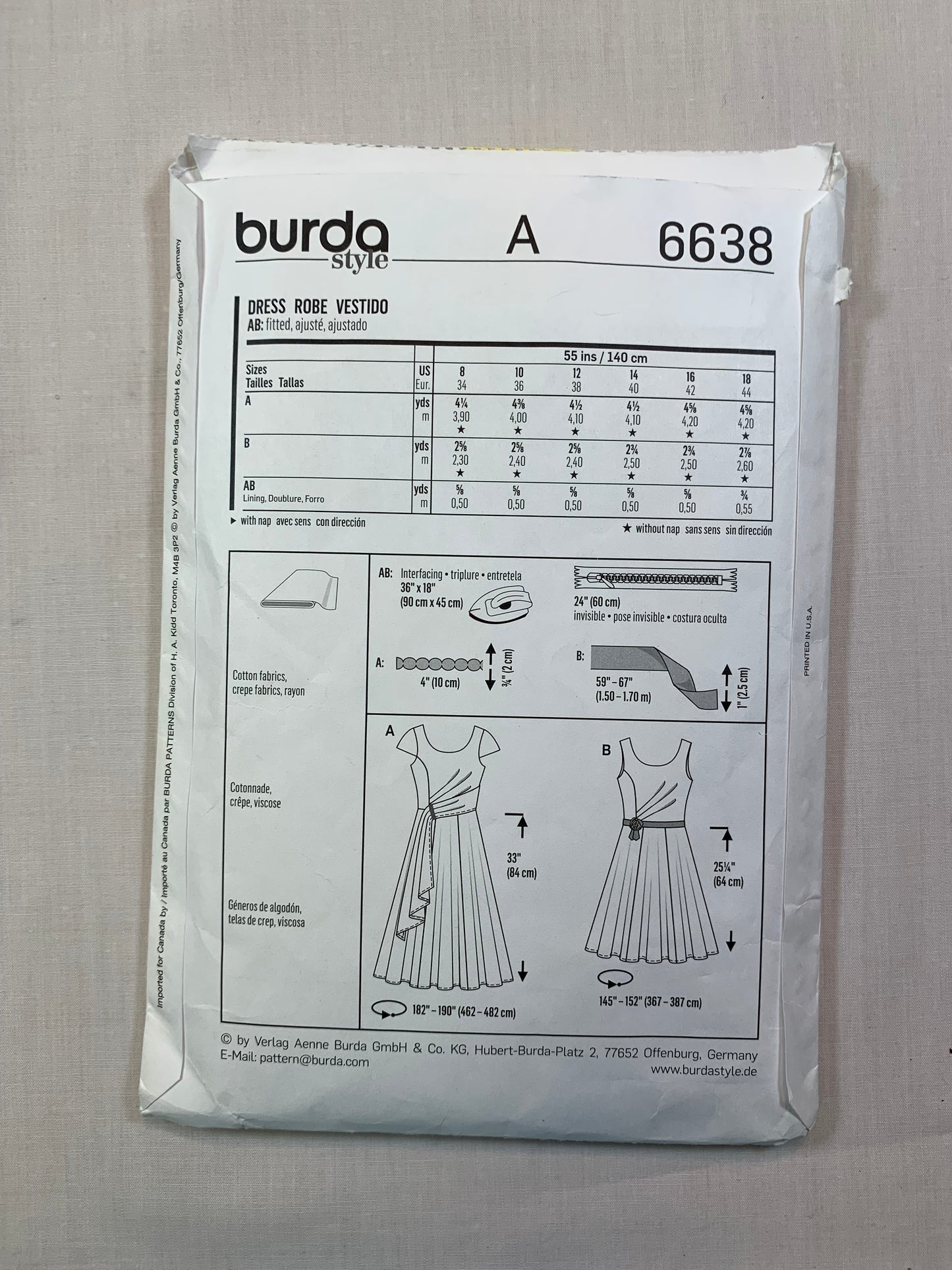 Burda 6638 Misses' Dress, Size 8-18. Cut, 2017
