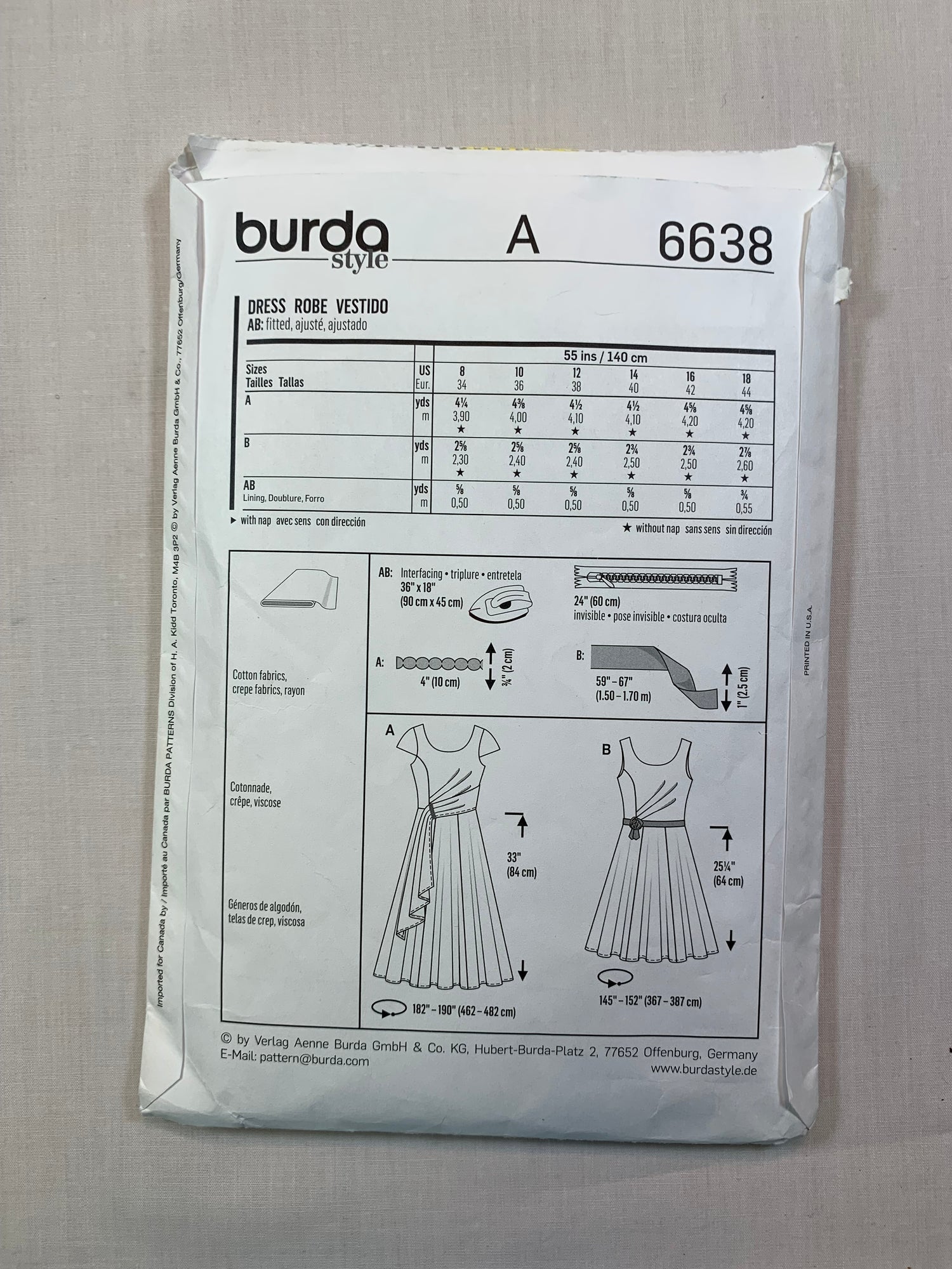 Burda 6638 Misses' Dress, Size 8-18. Cut, 2017