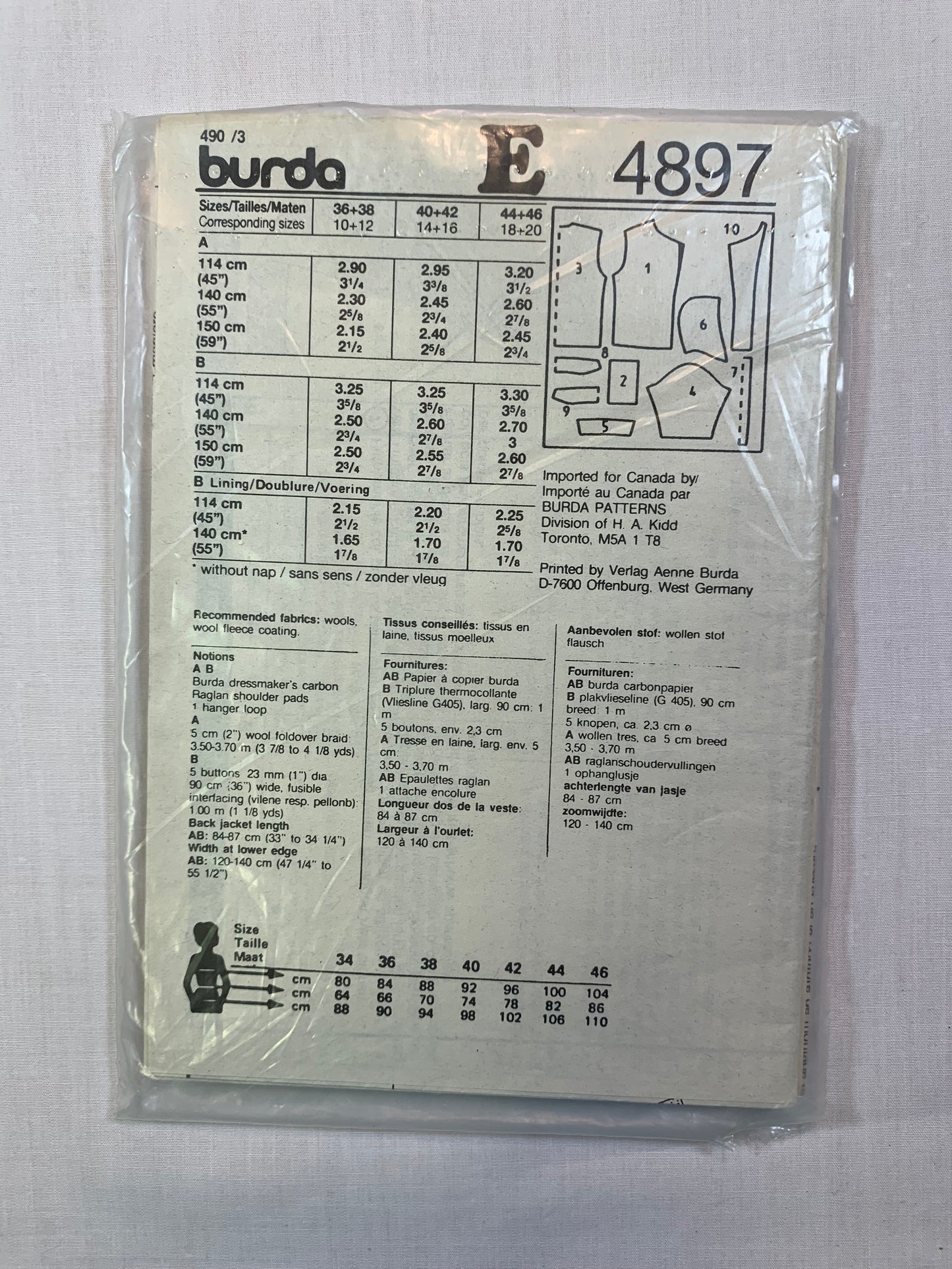 Burda Sewing Pattern 4897 Misses' Coat, Jacket,Pockets, Long Sleeves, Loose-Fitting, Oversized, Shawl Collar, Size 10-12, Cut, 2000