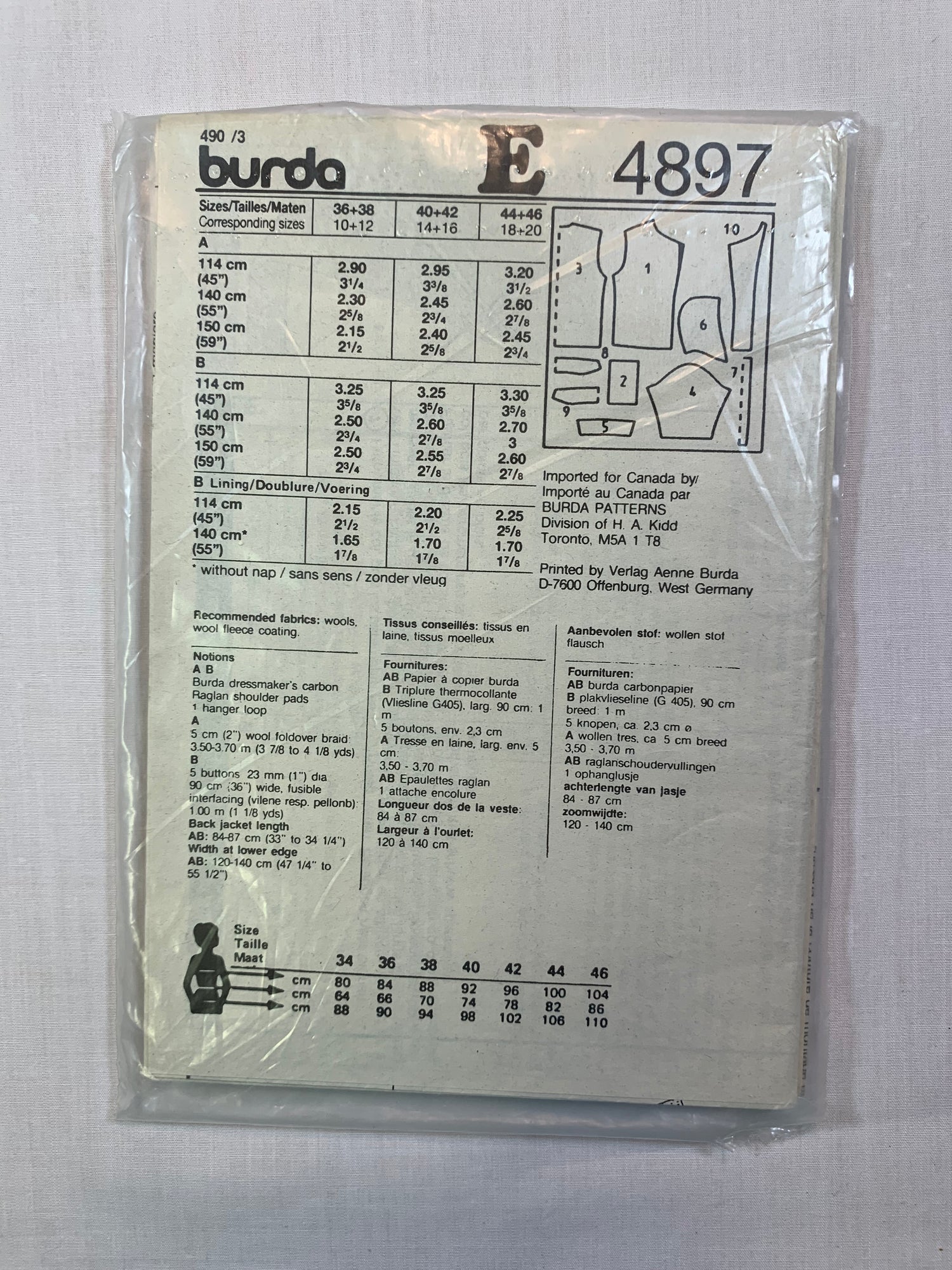 Burda Sewing Pattern 4897 Misses' Coat, Jacket,Pockets, Long Sleeves, Loose-Fitting, Oversized, Shawl Collar, Size 10-12, Cut, 2000