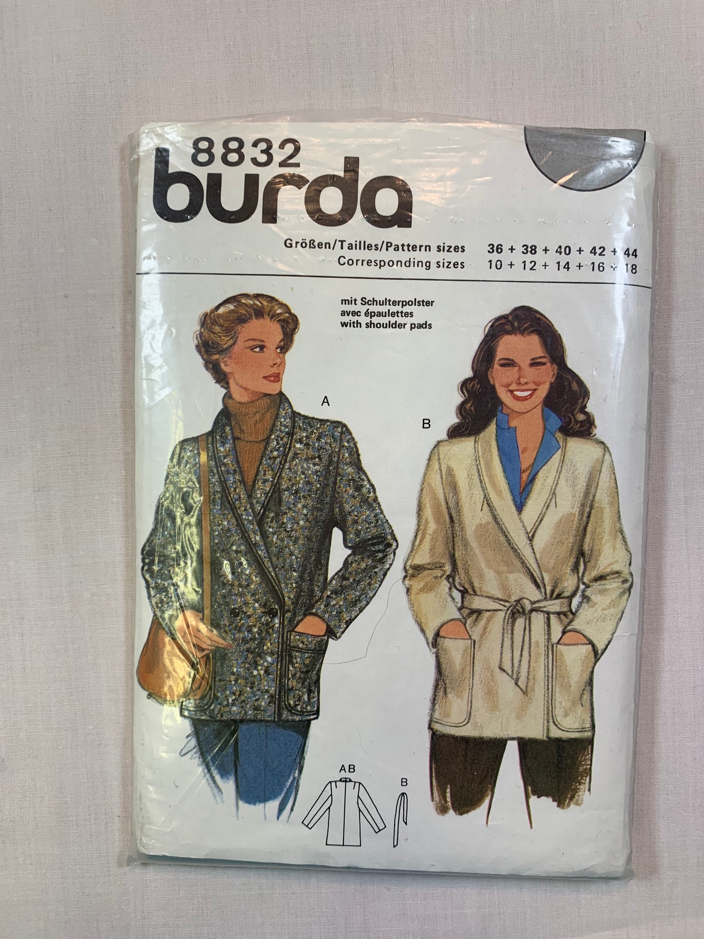 Burda Sewing Pattern 8832 Misses' Coat, Jacket, Shoulder Pads, Belt, Pockets, Wrap, Size 10-18, Cut, 2000