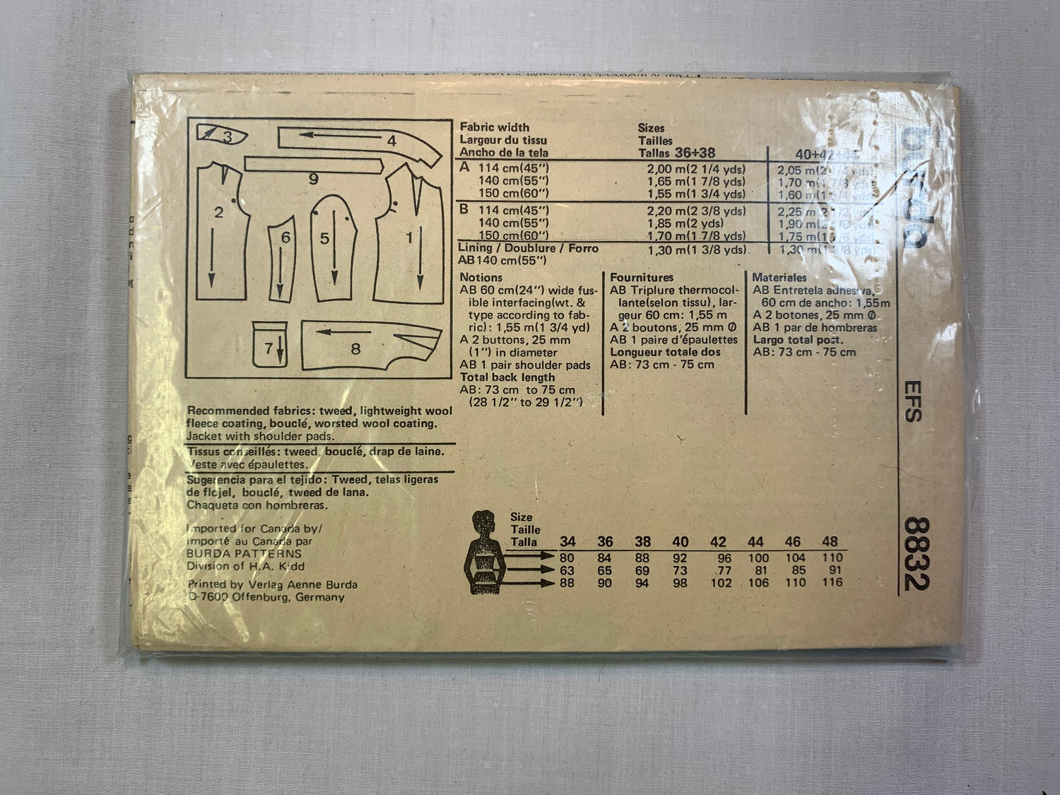Burda Sewing Pattern 8832 Misses' Coat, Jacket, Shoulder Pads, Belt, Pockets, Wrap, Size 10-18, Cut, 2000