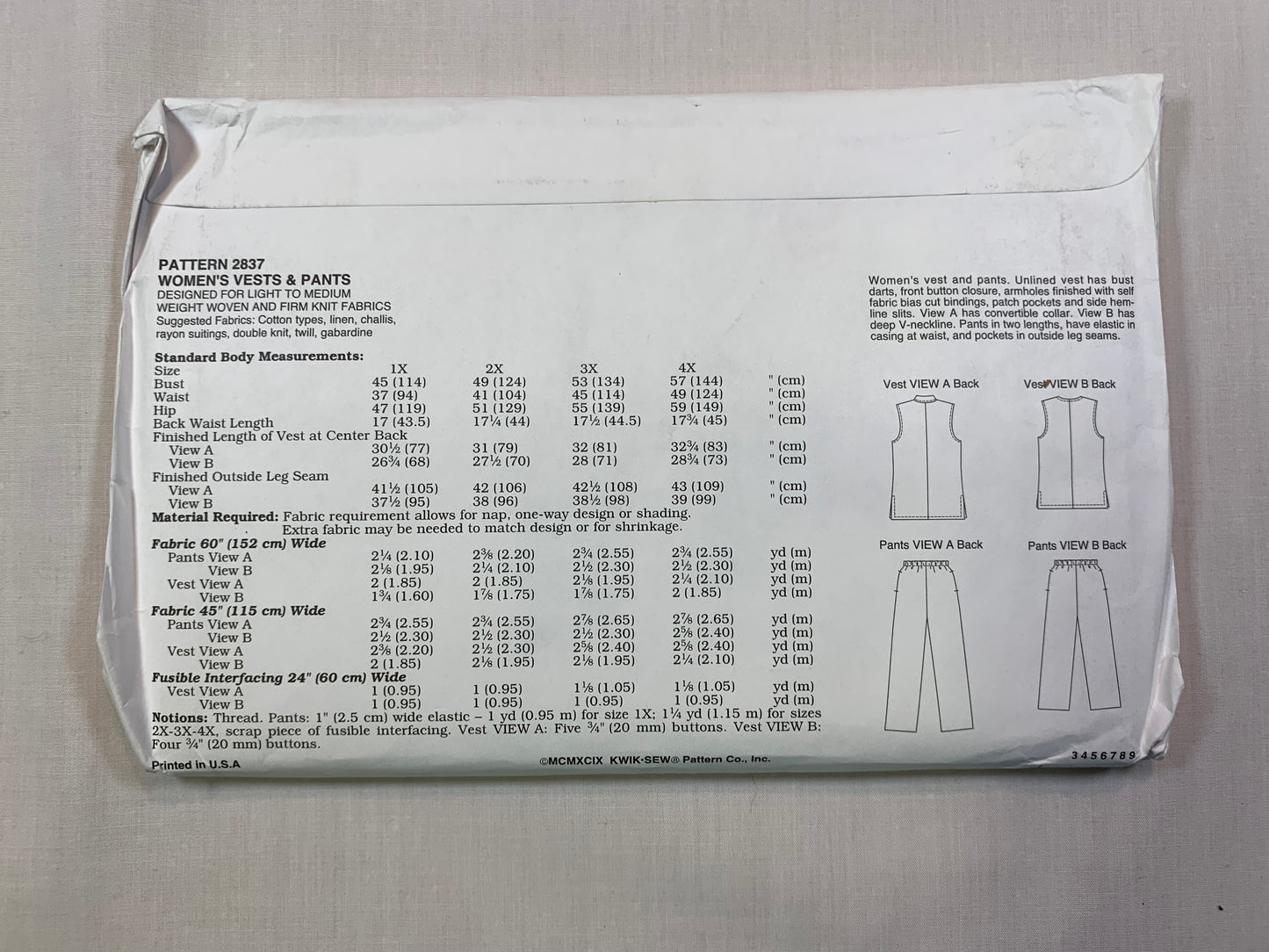 KWIK 2837 Misses' Vests, Pants, Size 1X-4X, Uncut, Vintage 1999