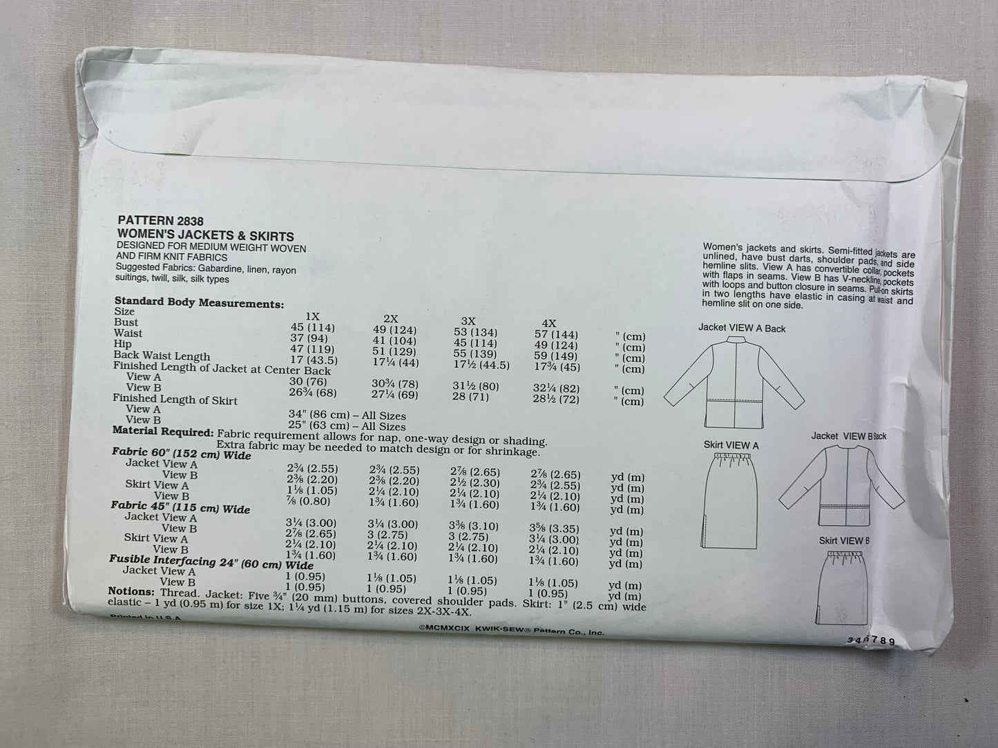 KWIK 2838 Misses' Jacket, Skirts, Size 1X-4X, Uncut, Vintage 1999
