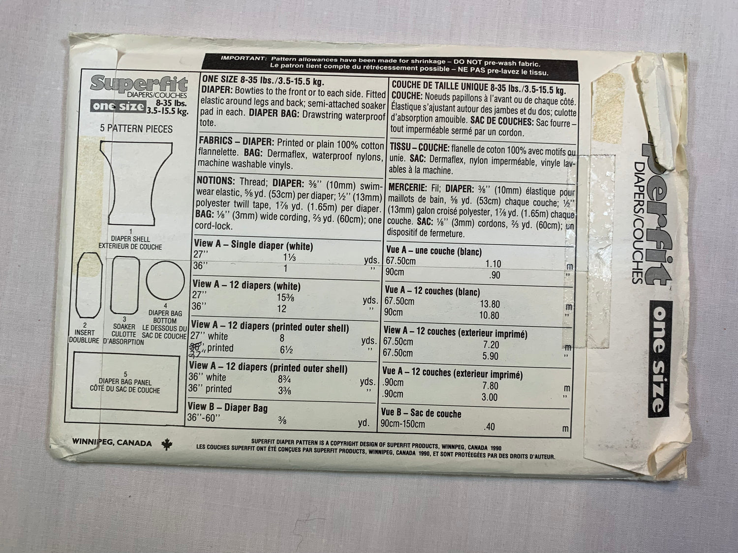 Vintage Superfit Diapers Sewing Pattern, Attached Soakers, 8-35 Pounds, Uncut, 1990
