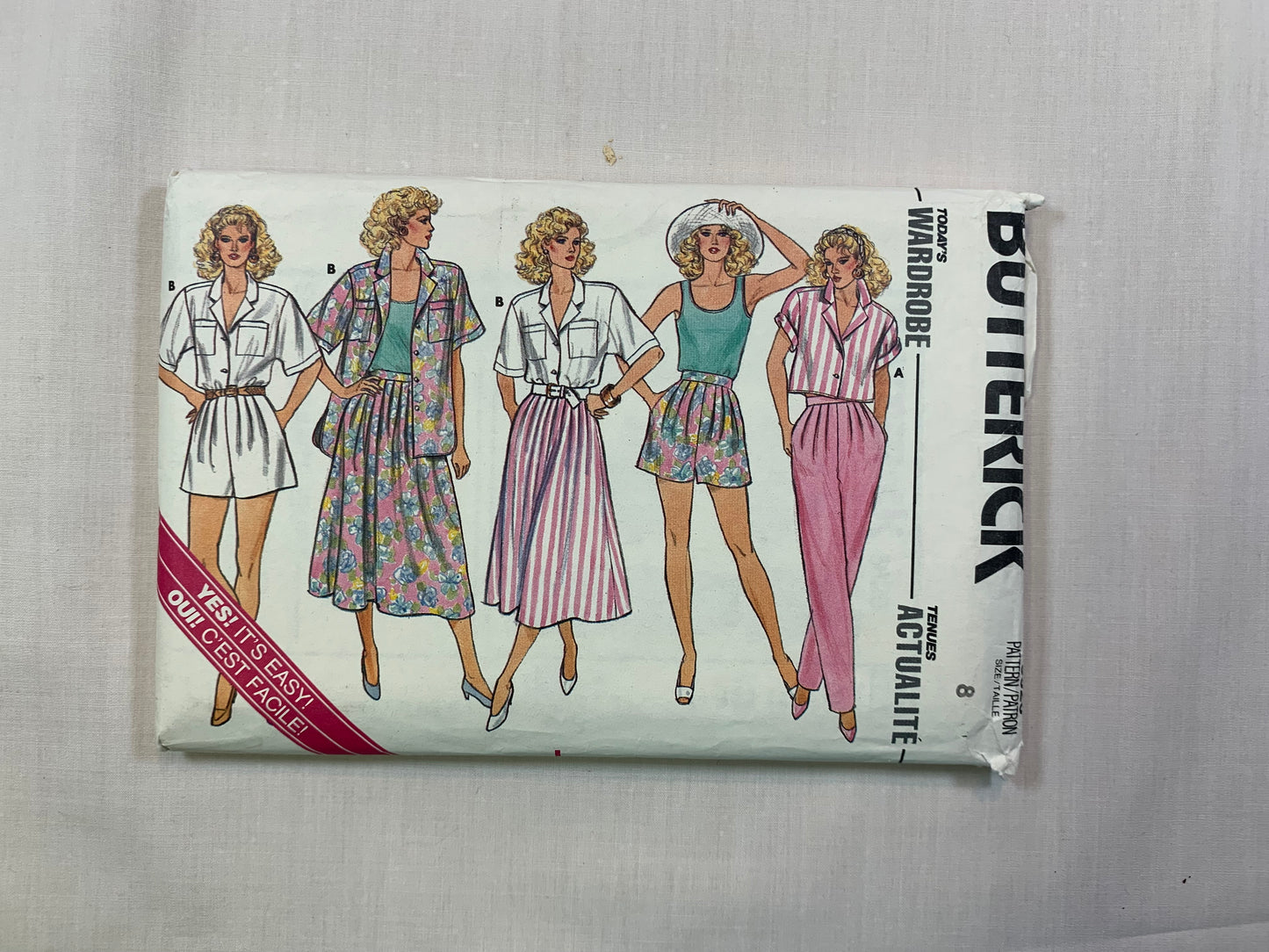 Butterick Sewing Pattern 3820 Misses' Shirt, Top, Skirts, Shorts, PantsButton Front, Loose-Fitting, Pleats, Pockets, Size 8, Uncut, Vintage 1986