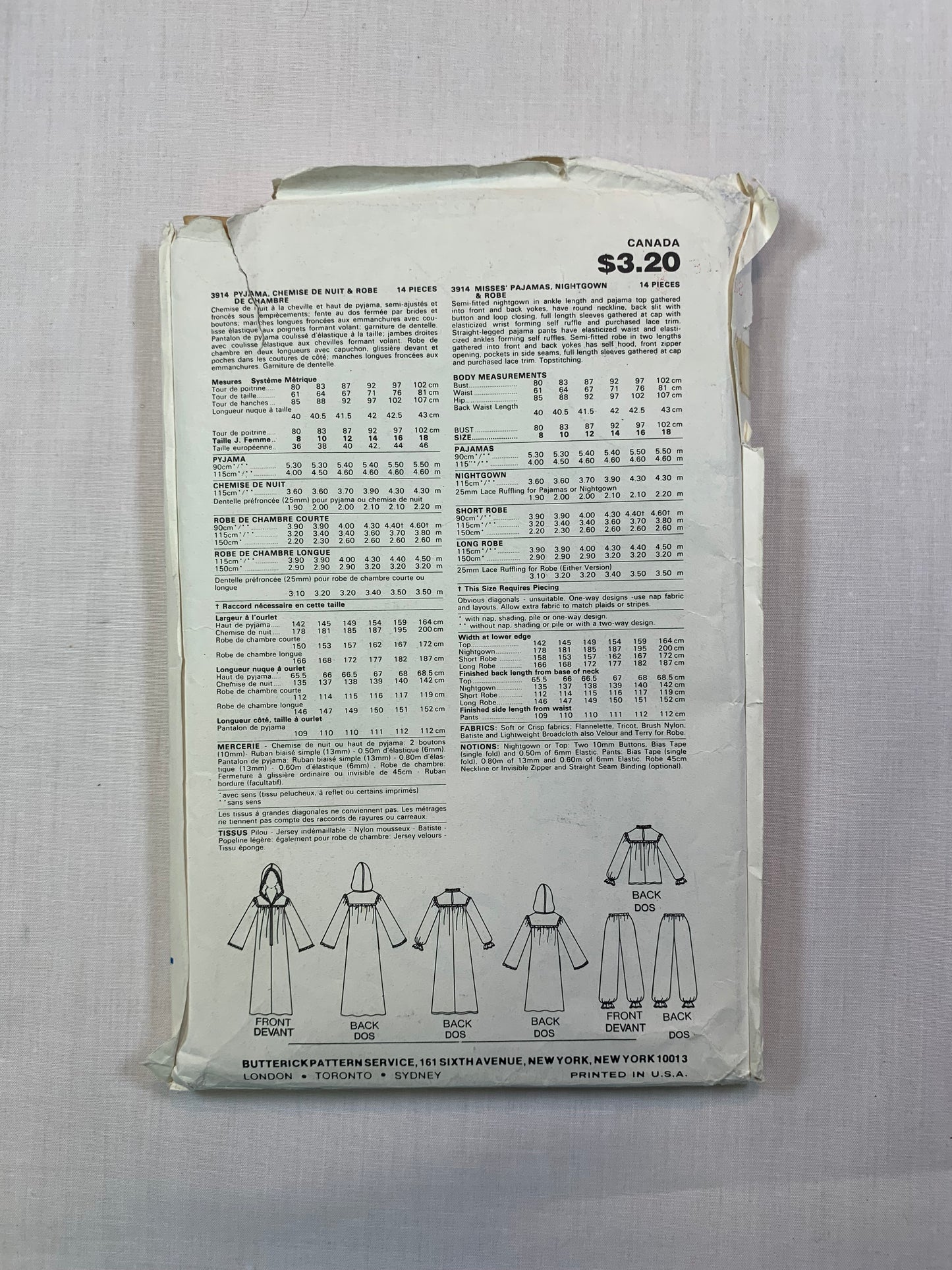 Butterick Sewing Pattern 3914 Misses' Nightgown, Pajamas, Robe, Top, Pants, Zipper Front, Long Sleeves, Ruffles, Size 8, Cut, Vintage 1975