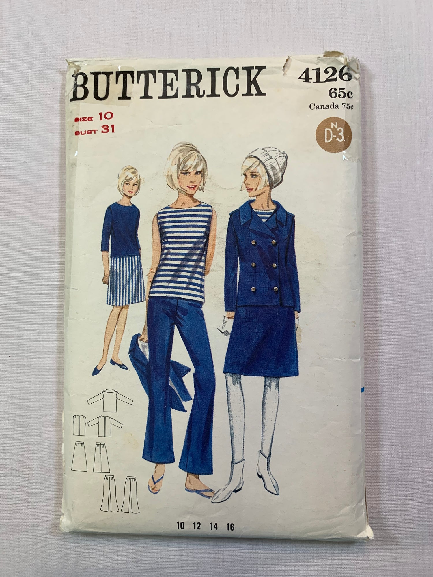 Butterick 4126 Misses' Jacket, Overblouse, Skirt, Pants, Size 10, Cut, Vintage 1960