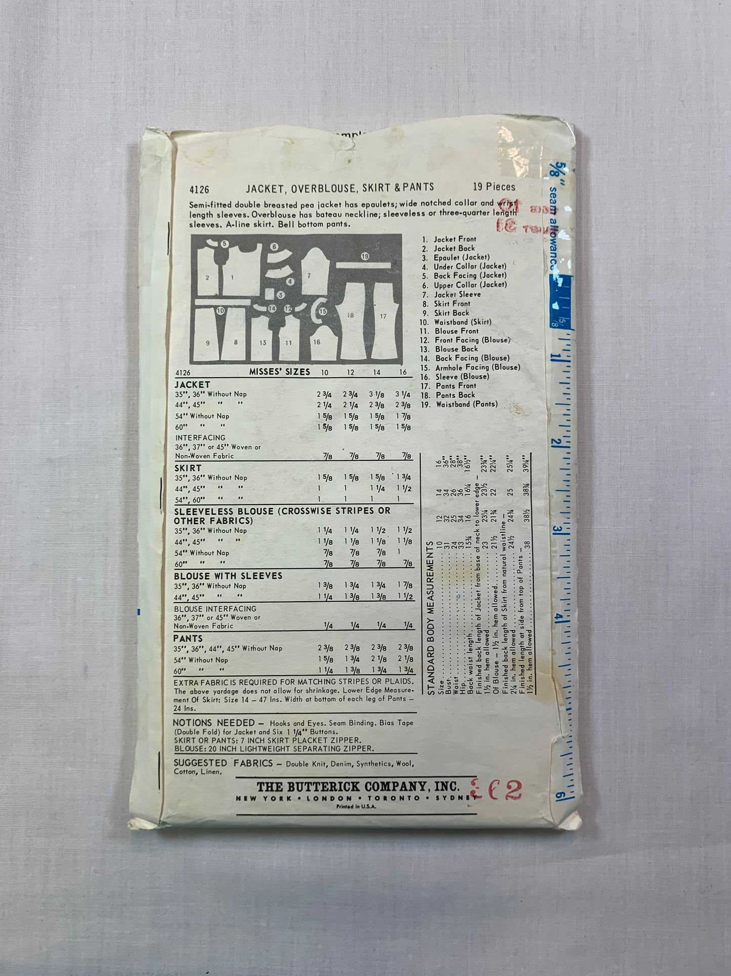 Butterick 4126 Misses' Jacket, Overblouse, Skirt, Pants, Size 10, Cut, Vintage 1960