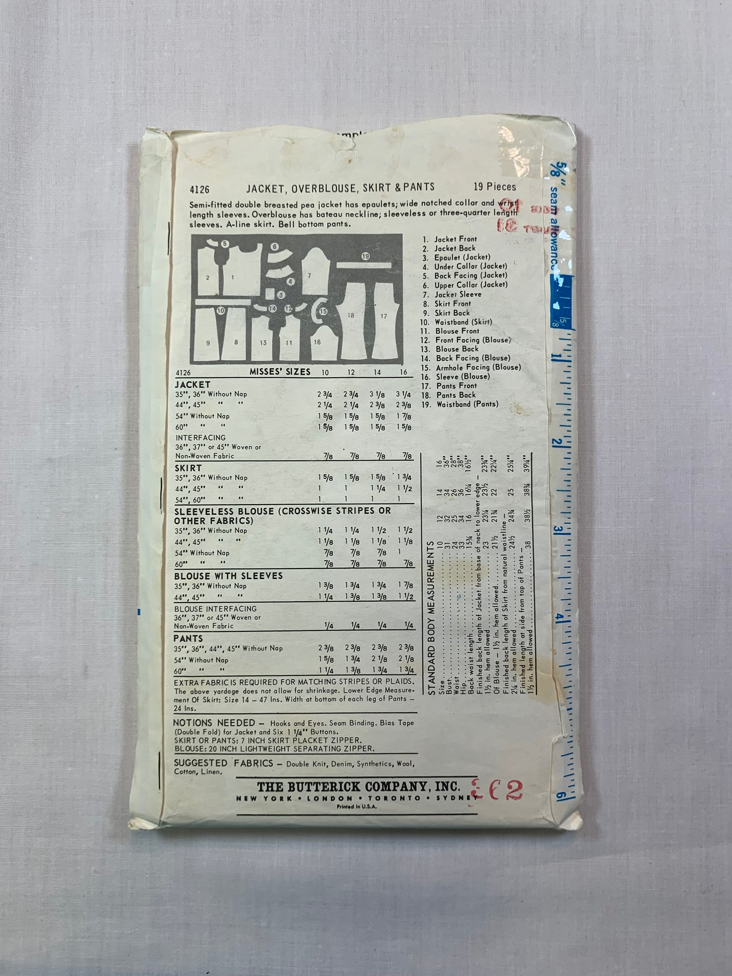 Butterick 4126 Misses' Jacket, Overblouse, Skirt, Pants, Size 10, Cut, Vintage 1960