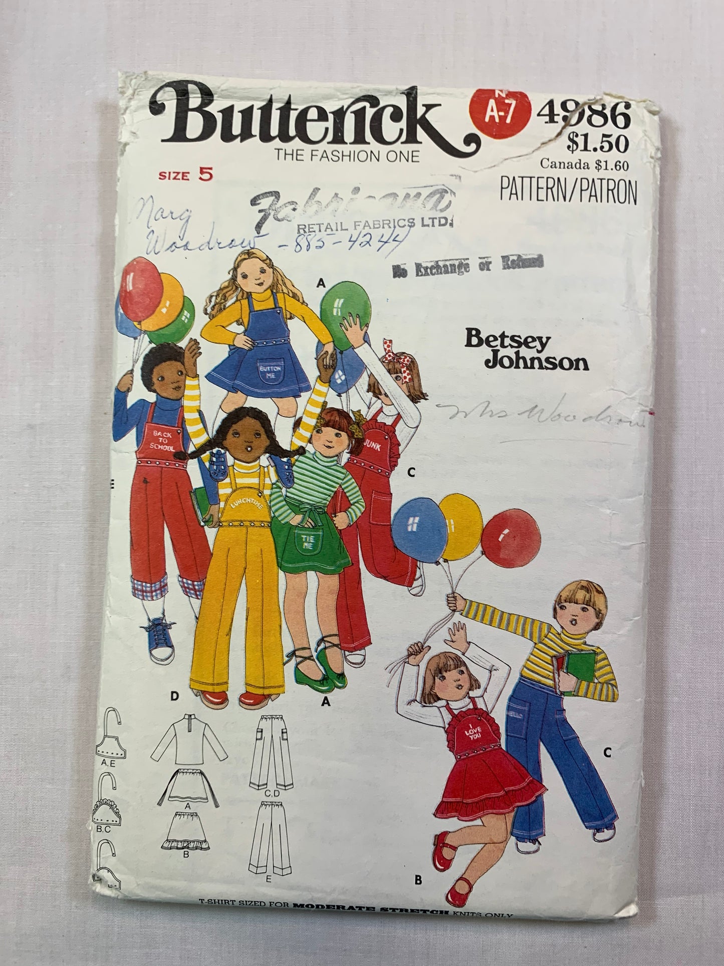 Butterick Sewing Pattern 4986 Betsey Johnson Children's Girls' Boy's Pants, Overalls, T-Shirt, Embroidery Transfers, Size 5, Cut, Vintage 1980