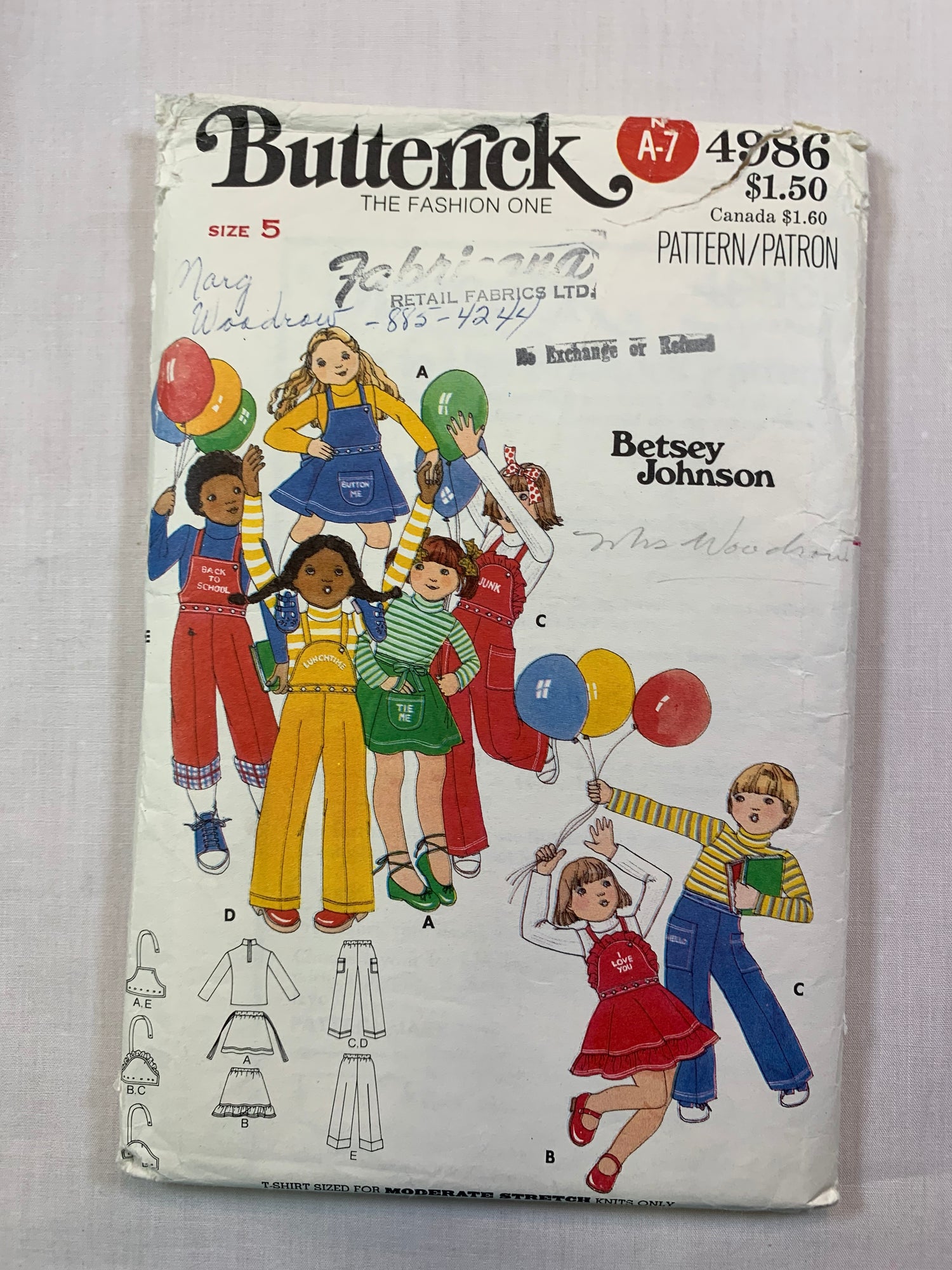 Butterick Sewing Pattern 4986 Betsey Johnson Children's Girls' Boy's Pants, Overalls, T-Shirt, Embroidery Transfers, Size 5, Cut, Vintage 1980